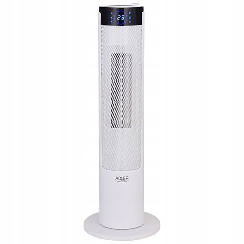 Ein weißer Turmheizer mit LED-Display und runder Basis auf neutralem weißem Hintergrund.