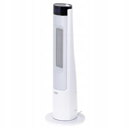 Ein weißer Turmventilator mit schwarzem Display und runder Basis auf hellem Hintergrund.