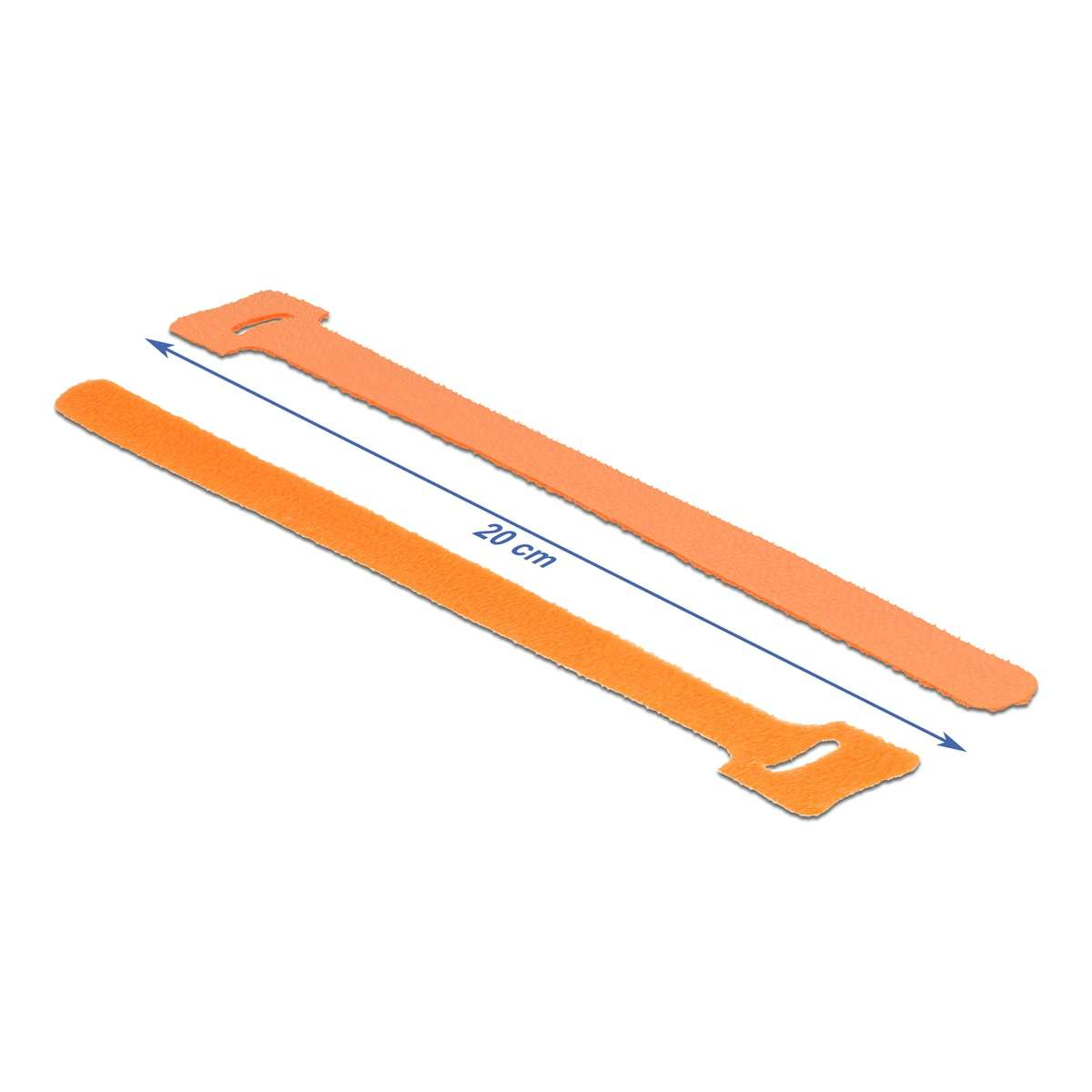 Zwei orangefarbene Klettbänder mit einer Länge von 20 cm auf weißem Hintergrund.