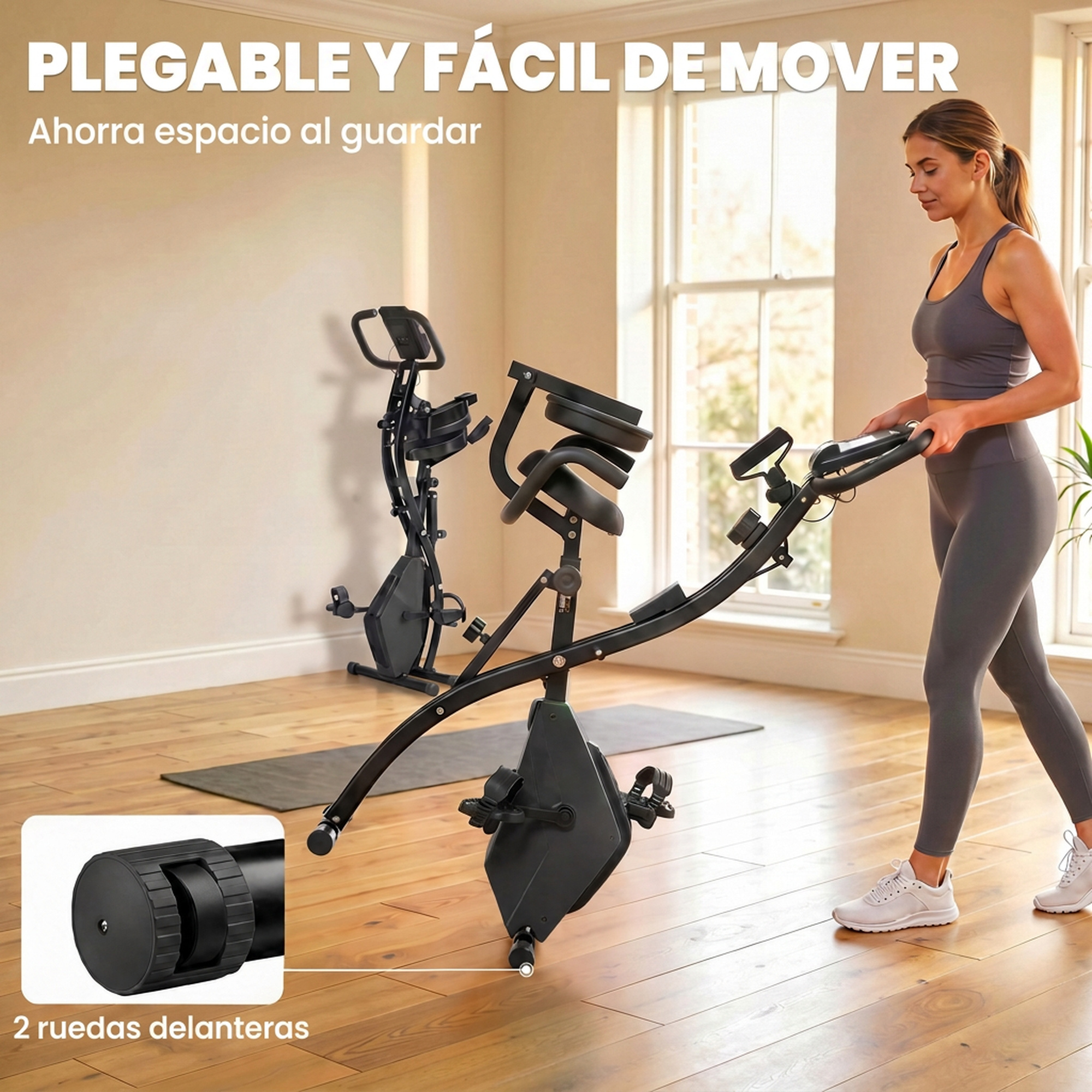 Una mujer en ropa deportiva mueve una bicicleta estática plegable en una habitación.
