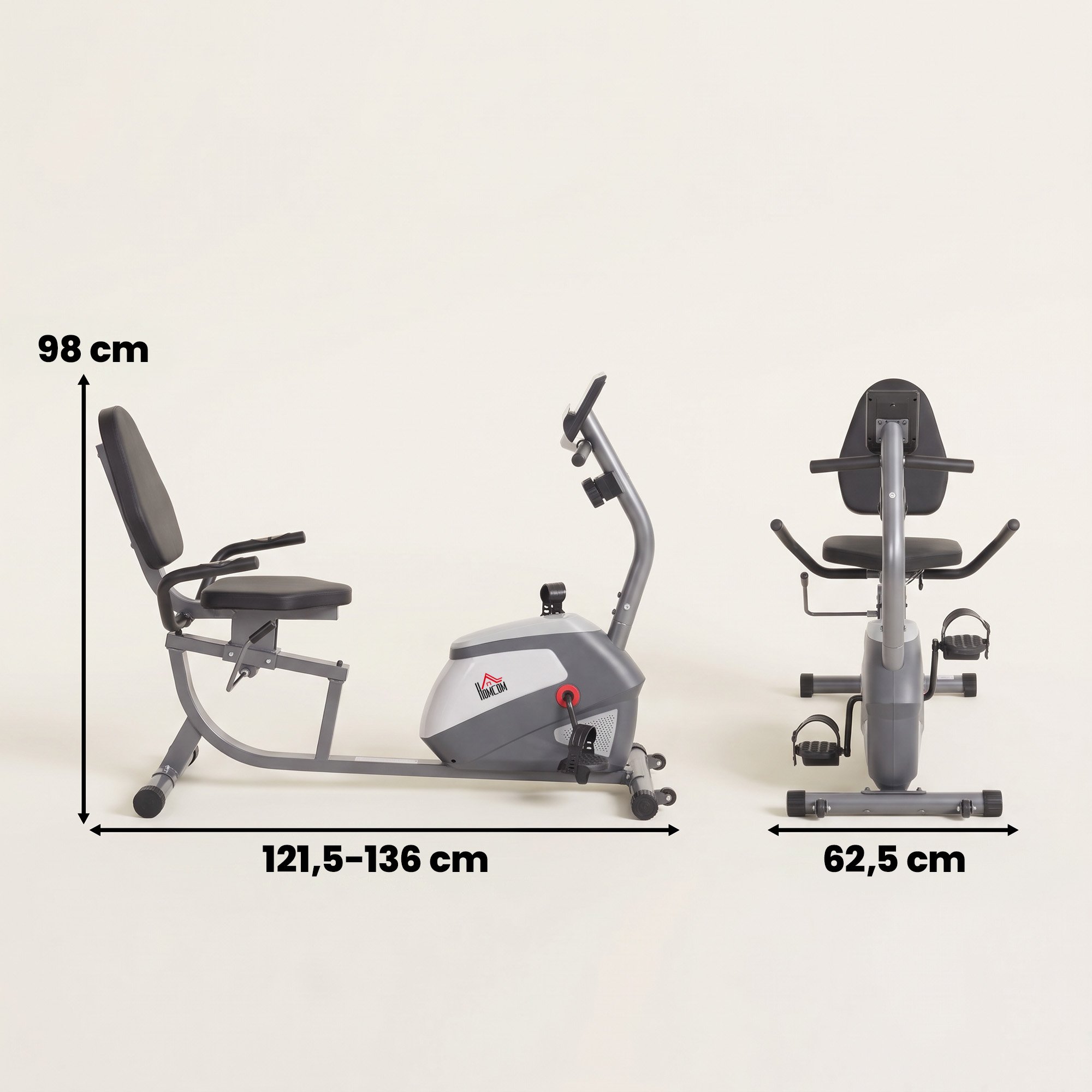 Bicicleta estática reclinable gris con dimensiones: alto 98 cm, largo 121,5-136 cm y ancho 62,5 cm.