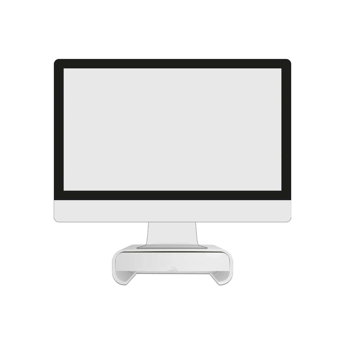 Ein weißer Computerbildschirm mit schwarzem Rand steht auf einem passenden Ständer vor weißem Hintergrund.
