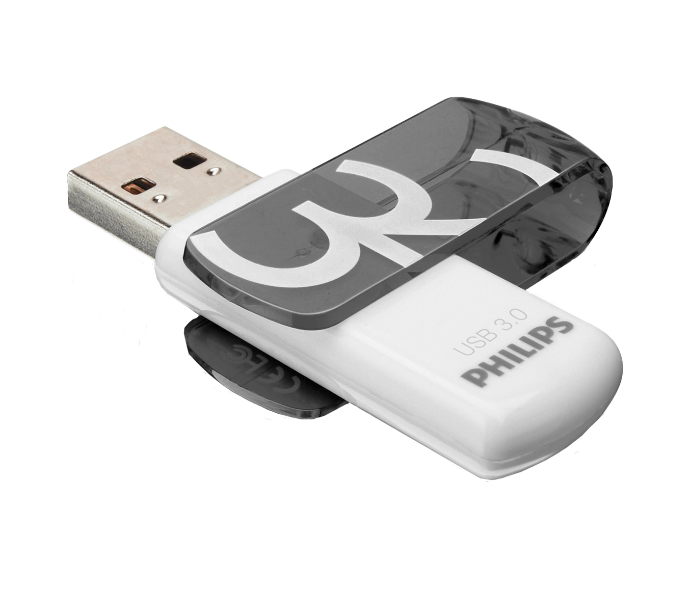 A white and grey Philips USB 3.0 flash drive shown on a black background.