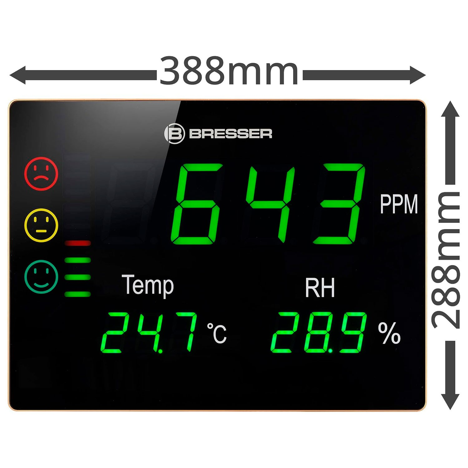 Monitor digital de CO2 Bresser que muestra 643 ppm, temperatura de 24,7 grados Celsius y 28,9 por ciento de humedad.