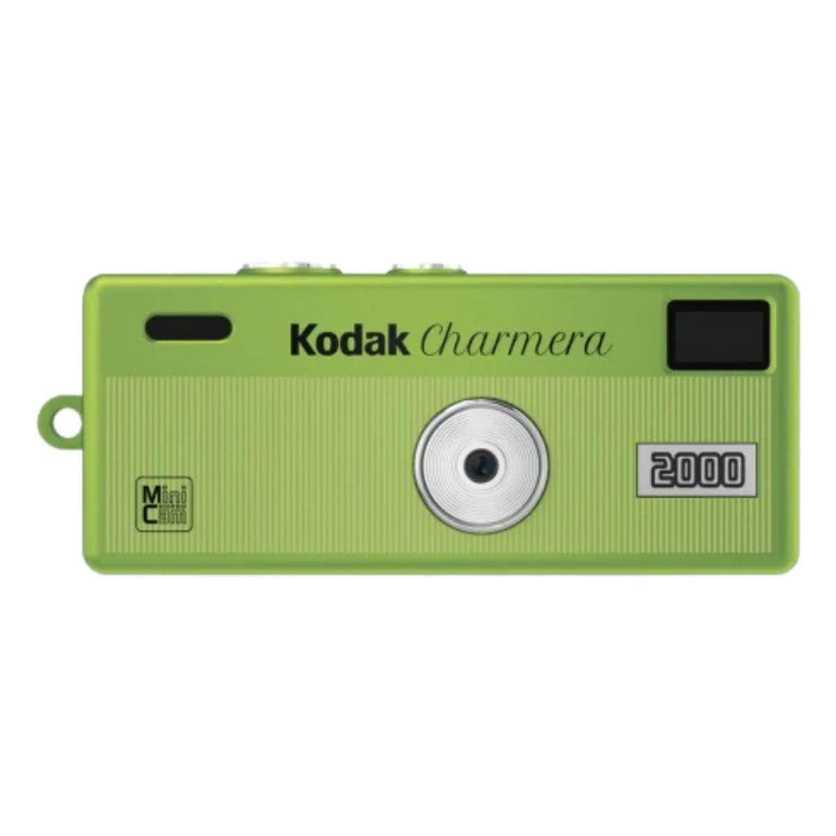 Una cámara de juguete Kodak Charmera 2000 de color verde claro sobre un fondo blanco.