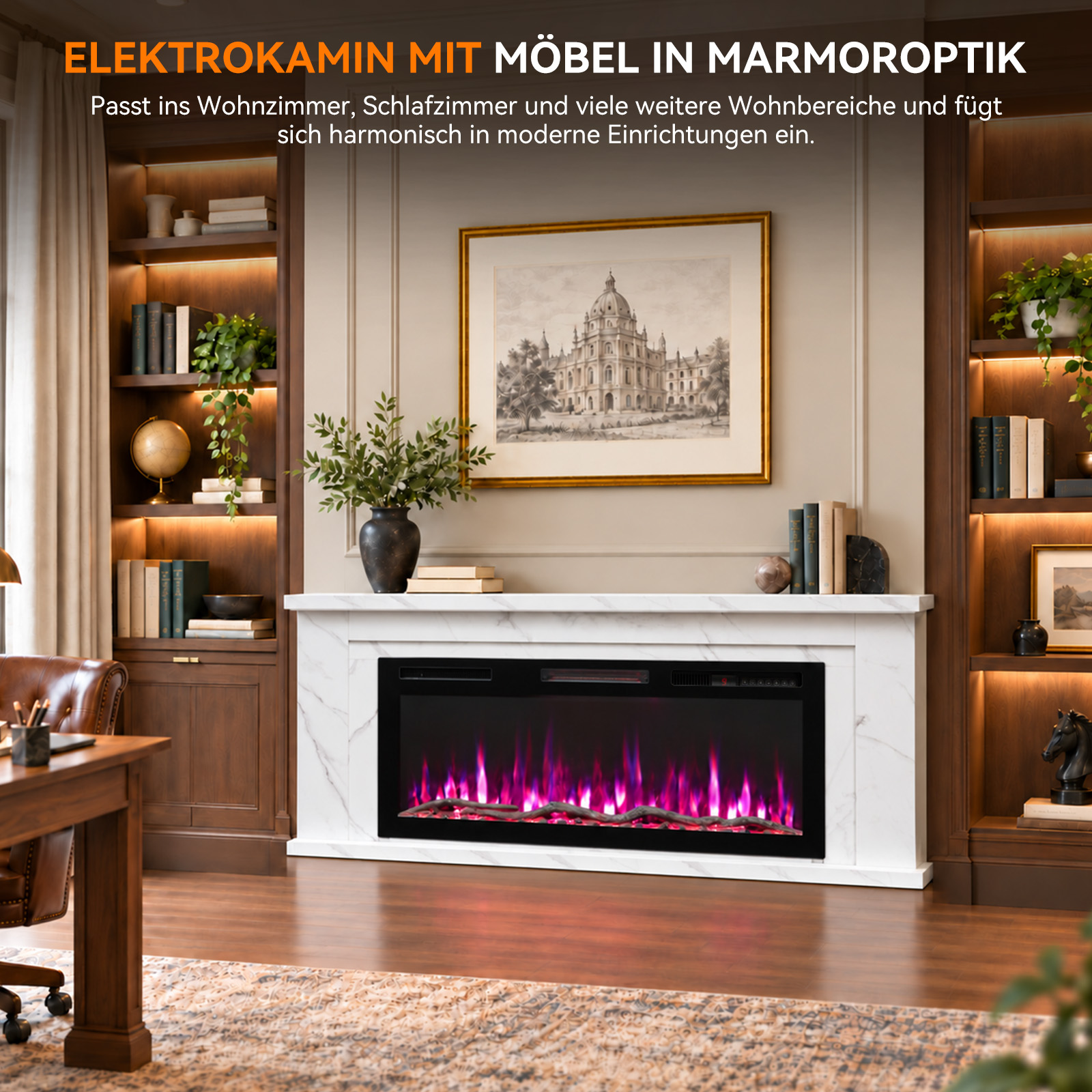 Moderner Elektrokamin mit weißem Marmormantel, flankiert von beleuchteten Holzregalen und einem gerahmten Bild.
