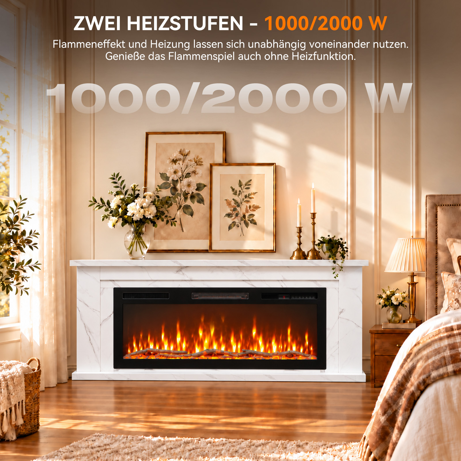 Ein Elektrokamin mit realistischen Flammen in einem weißen Kaminsims in einem Schlafzimmer.