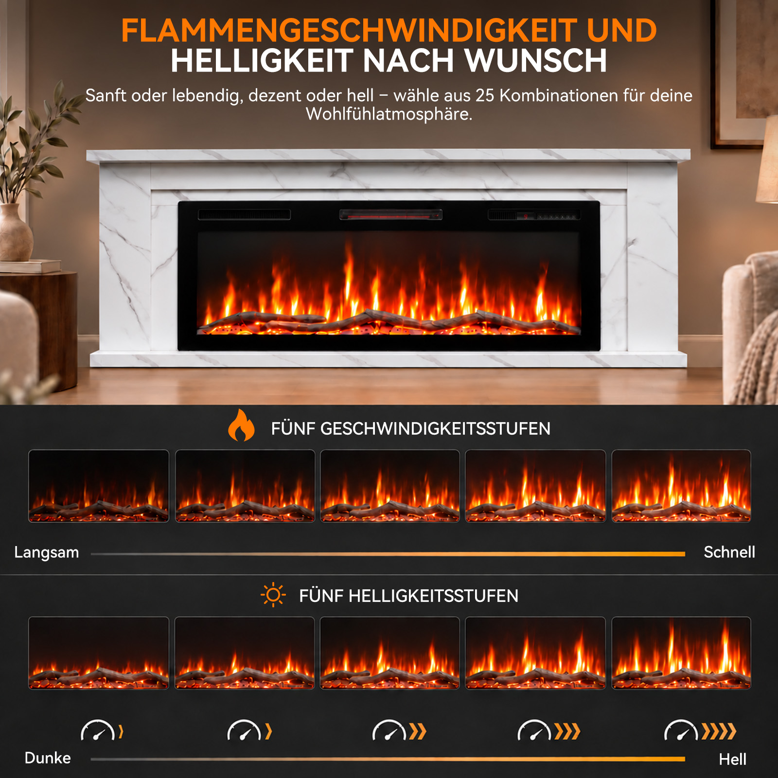 Moderner elektrischer Kamin mit weißem Marmormantel und anpassbaren Flammenstufen.