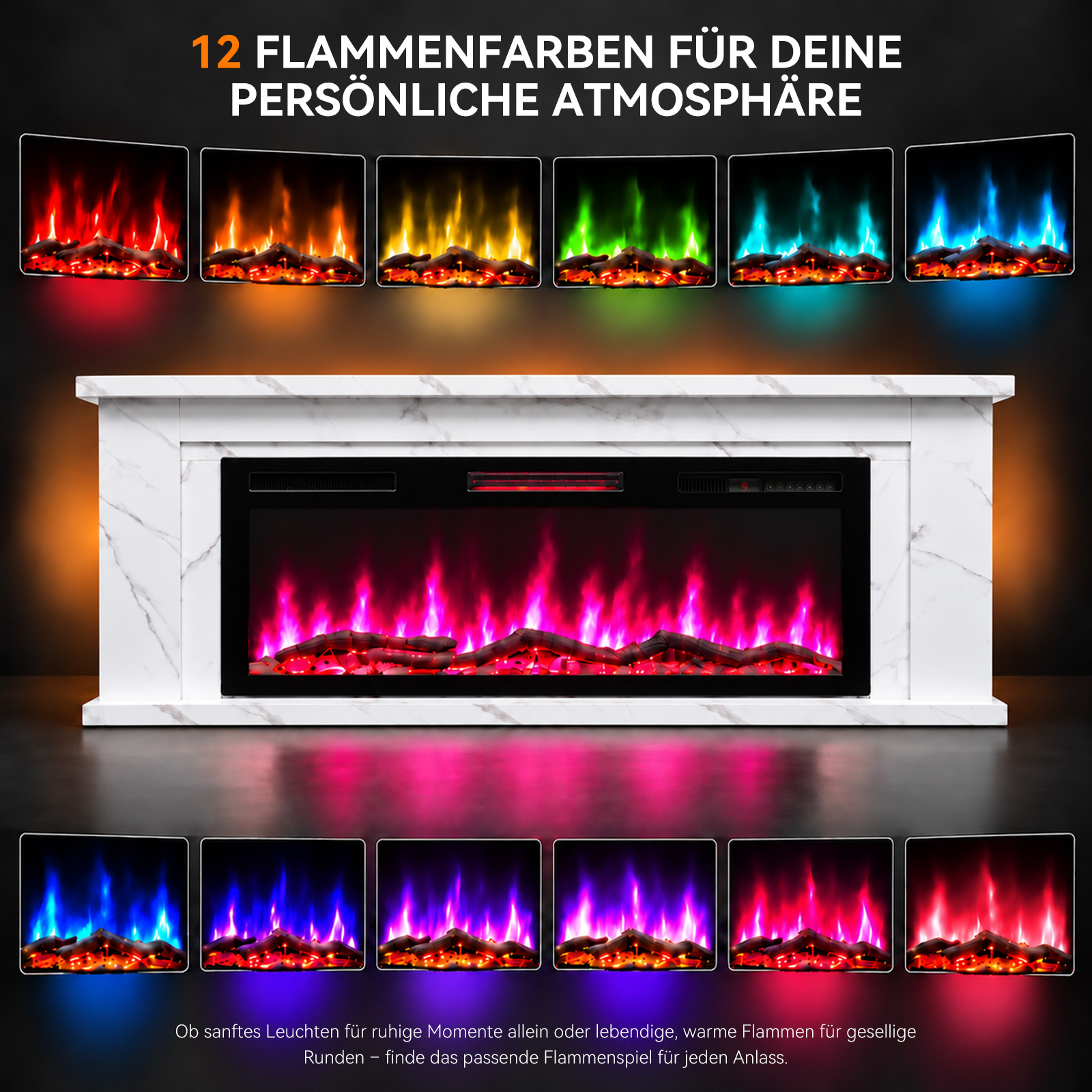 Moderner elektrischer Kamin mit weißem Marmormantel und anpassbaren bunten Flammenfarben.