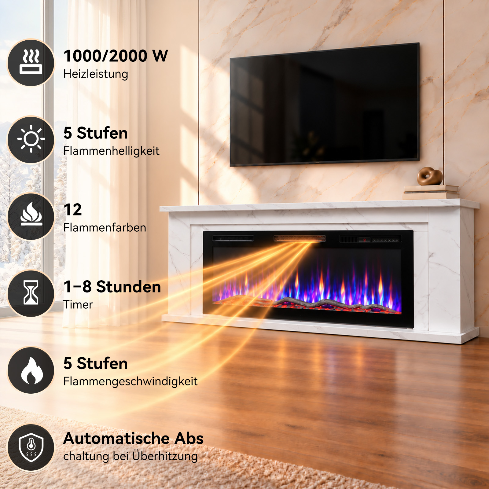 Ein Elektrokamin mit blau-orangen Flammen, einem Fernseher darüber und Funktionssymbolen links.