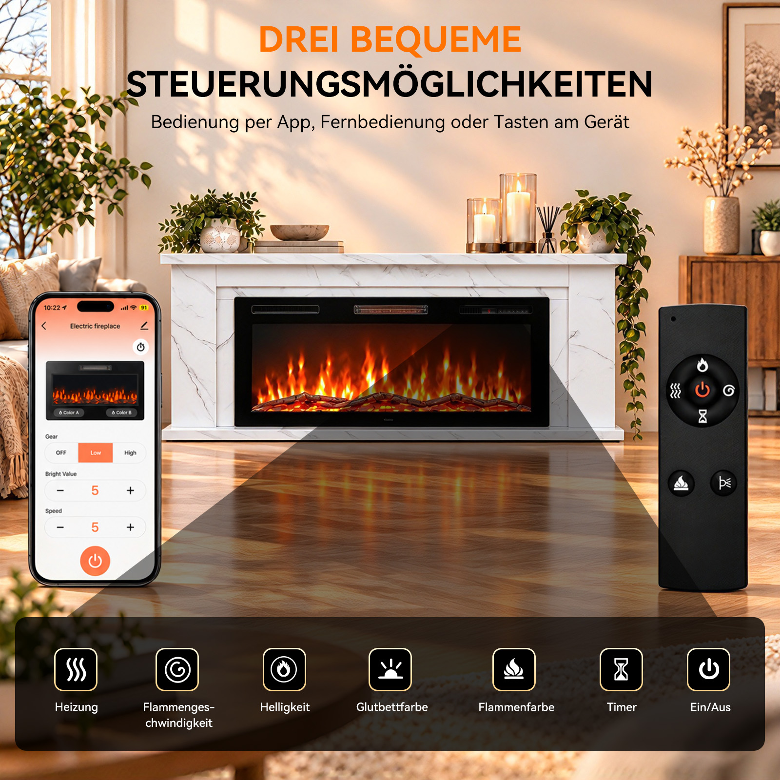 Elektrischer Kamin mit weißem Mantel, gesteuert über App, Fernbedienung oder Gerätetasten.