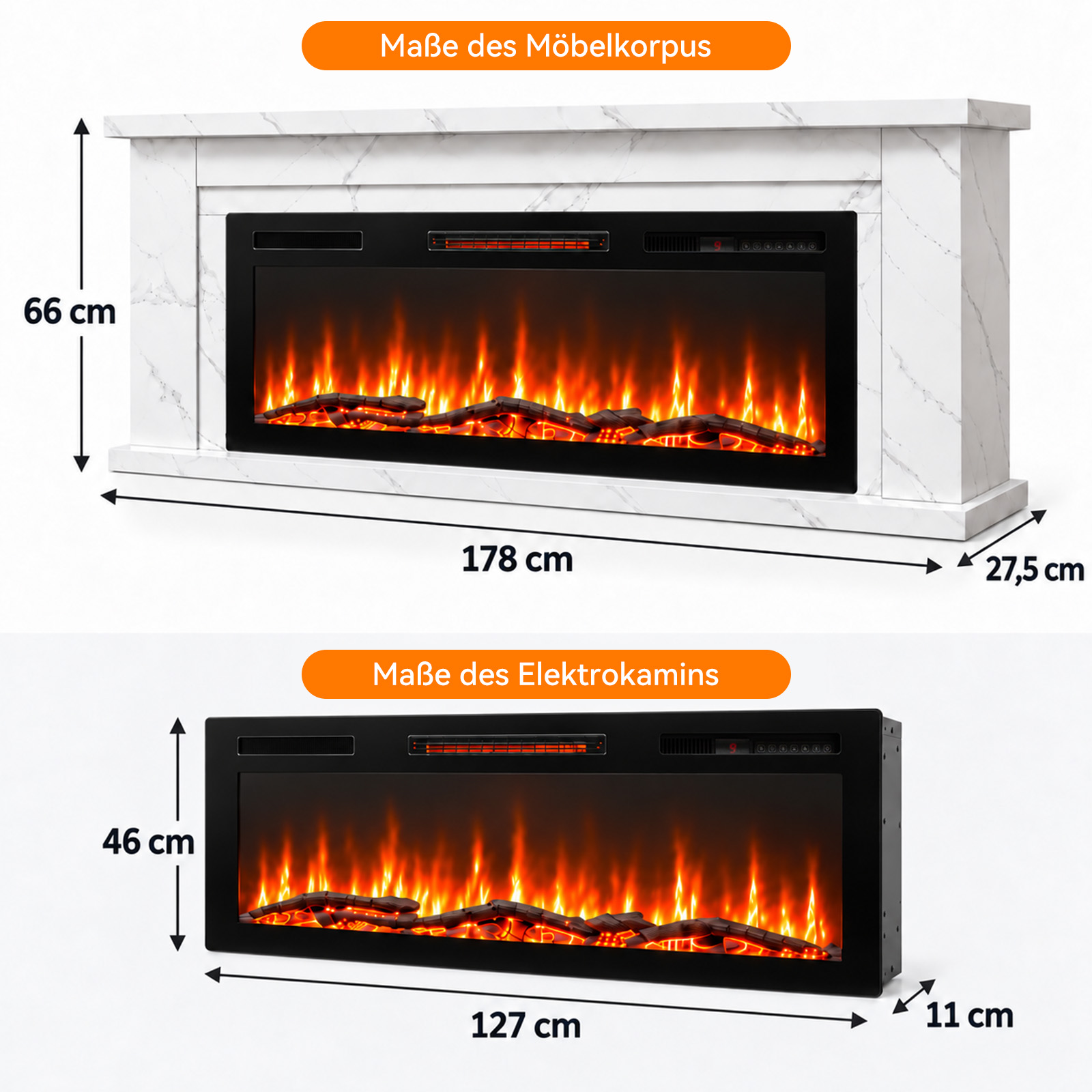 Diagramm mit den Maßen eines weißen Marmor-Elektrokamins (66x178x27,5 cm) und des Einsatzes (46x127x11 cm).