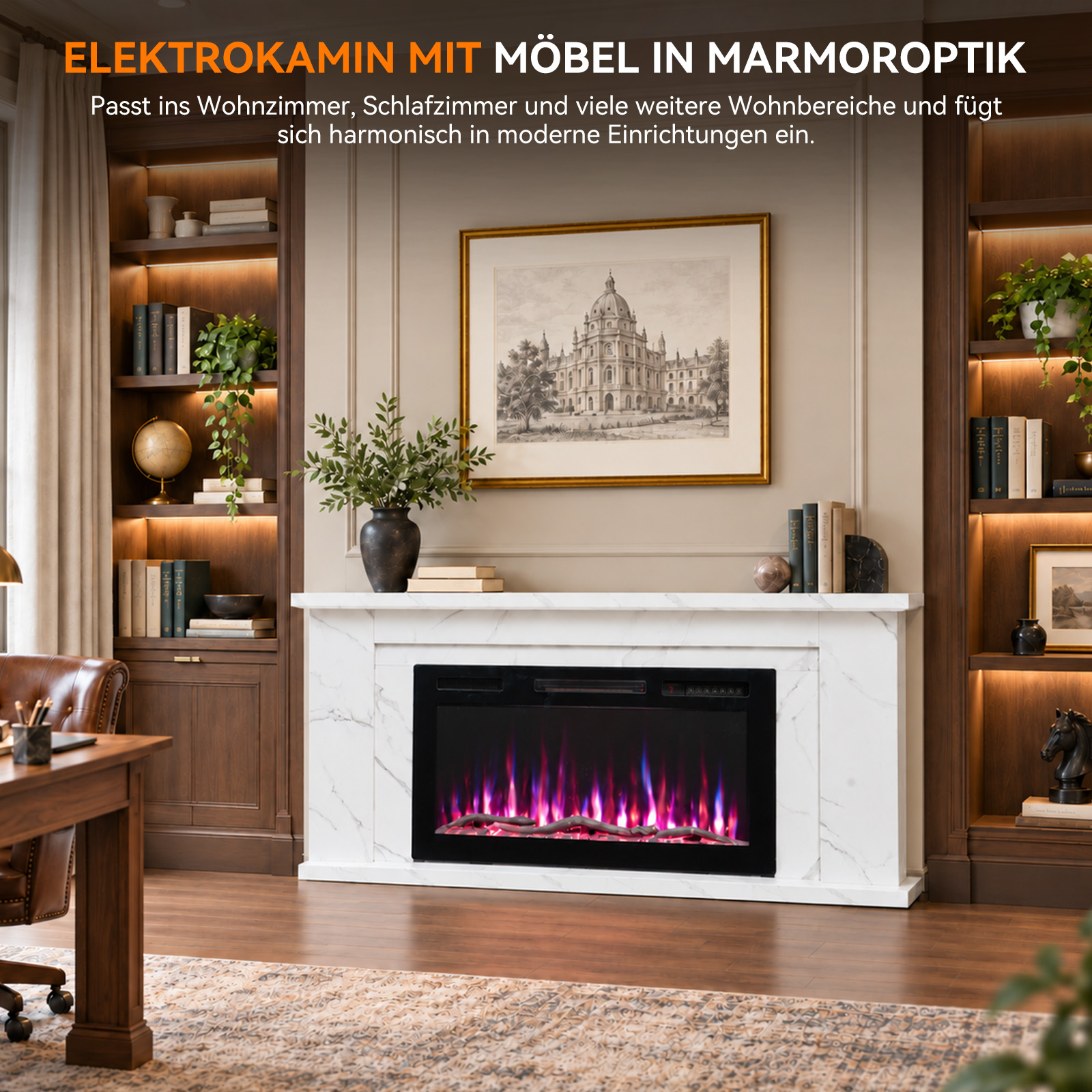Elektrischer Kamin mit weißem Marmormantel, eingerahmt von beleuchteten Holzbücherregalen.