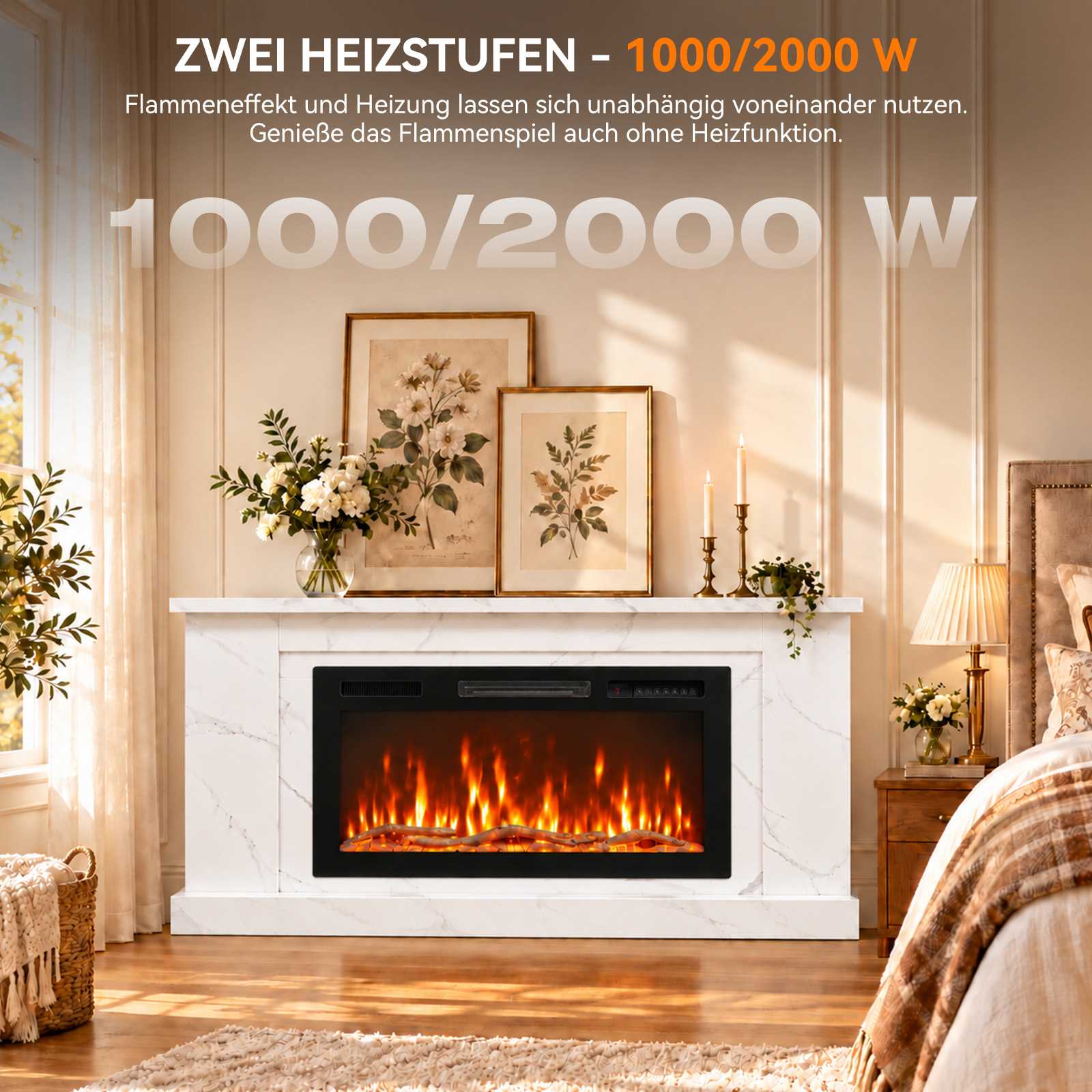 Elektrischer Kamin mit weißer Marmorverkleidung in einem gemütlichen Schlafzimmer.