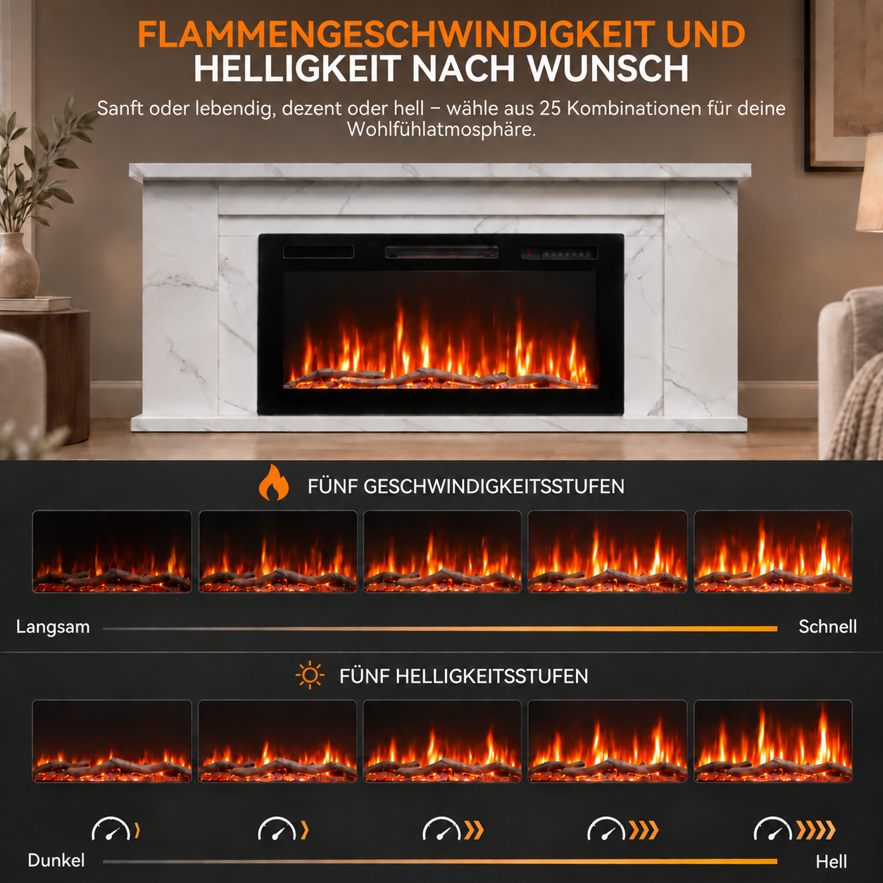 Elektrischer Kamin mit weißer Marmorverkleidung zeigt 5 Flammen-Geschwindigkeiten und Helligkeitsstufen.