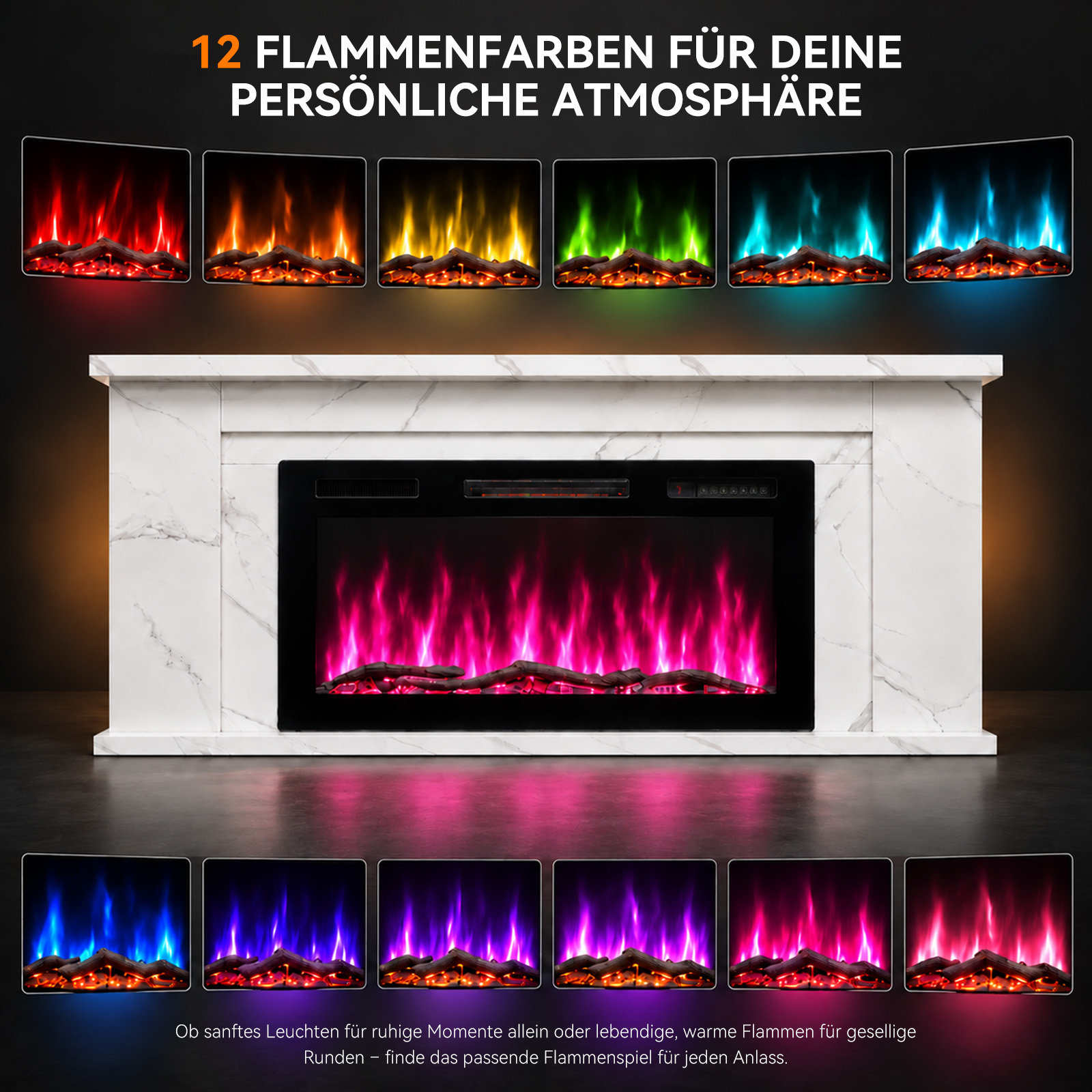 Elektrischer Kamin mit weißer Marmorverkleidung, rosa Flammen und zwölf bunten Flammenoptionen oben.