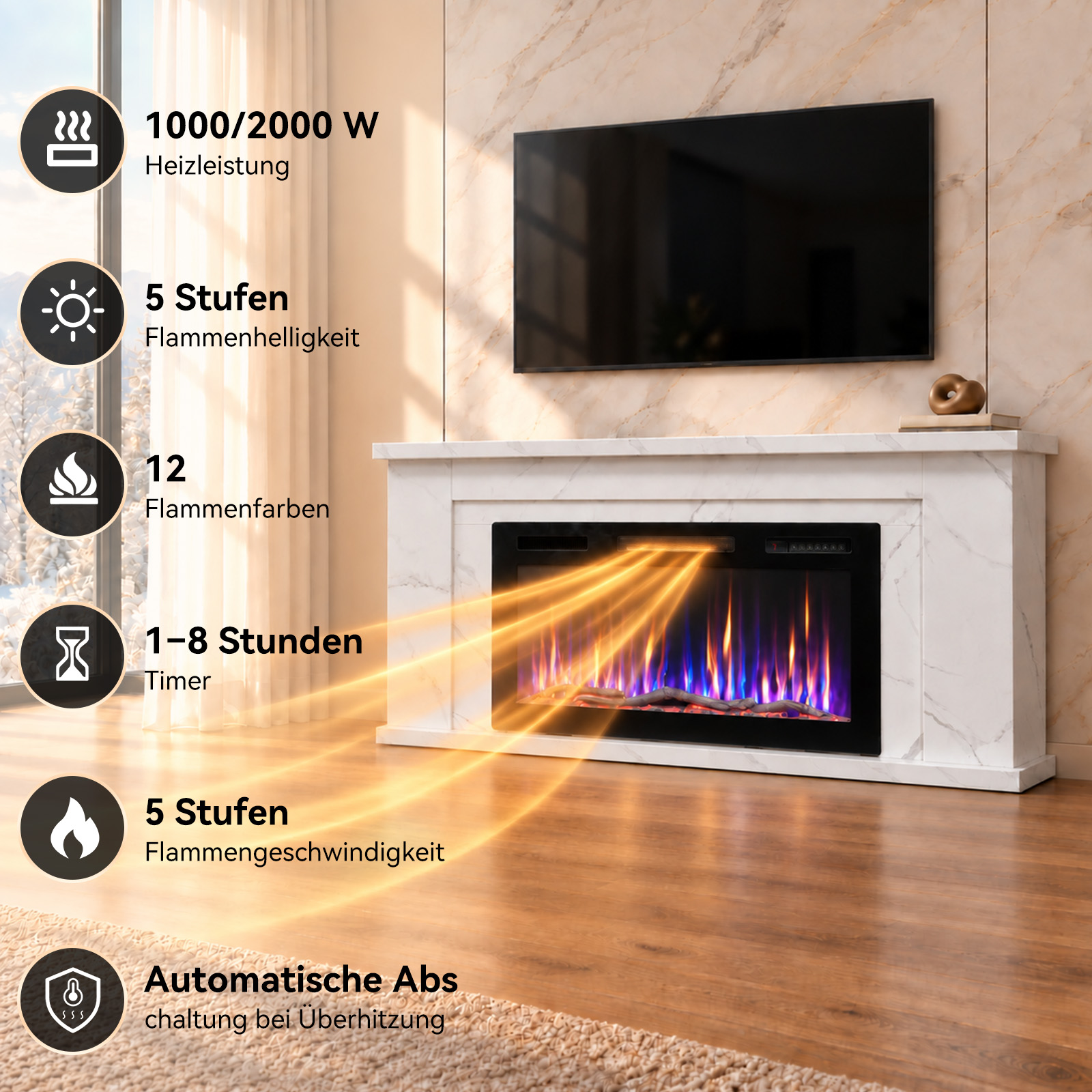 Moderner elektrischer Kamin mit weißem Marmormantel, TV an der Wand und Heizungsmerkmalen.