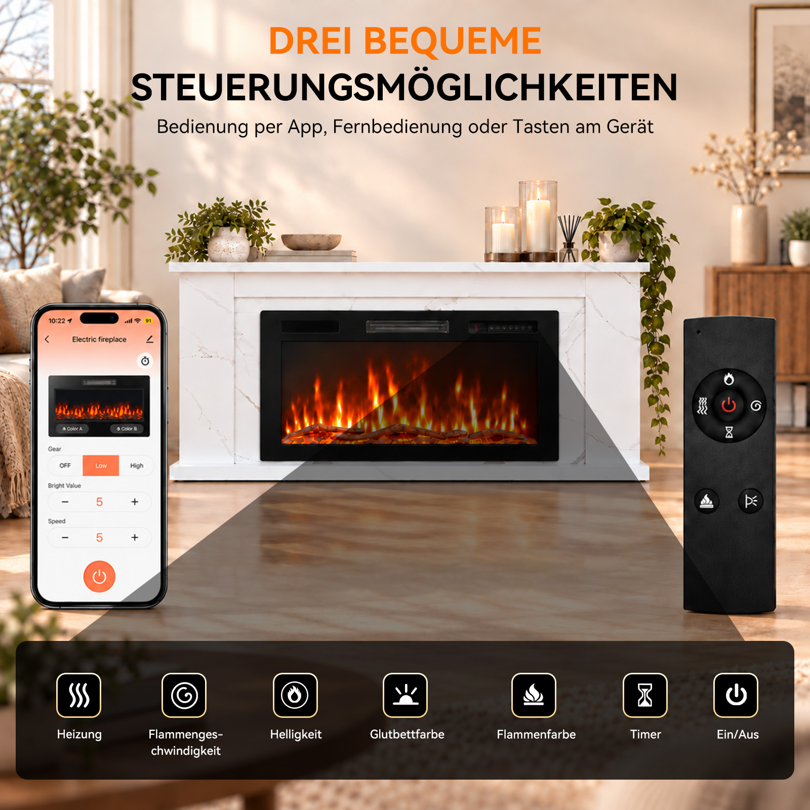 Elektrischer Kamin mit weißem Mantel, gesteuert per Smartphone und Fernbedienung.
