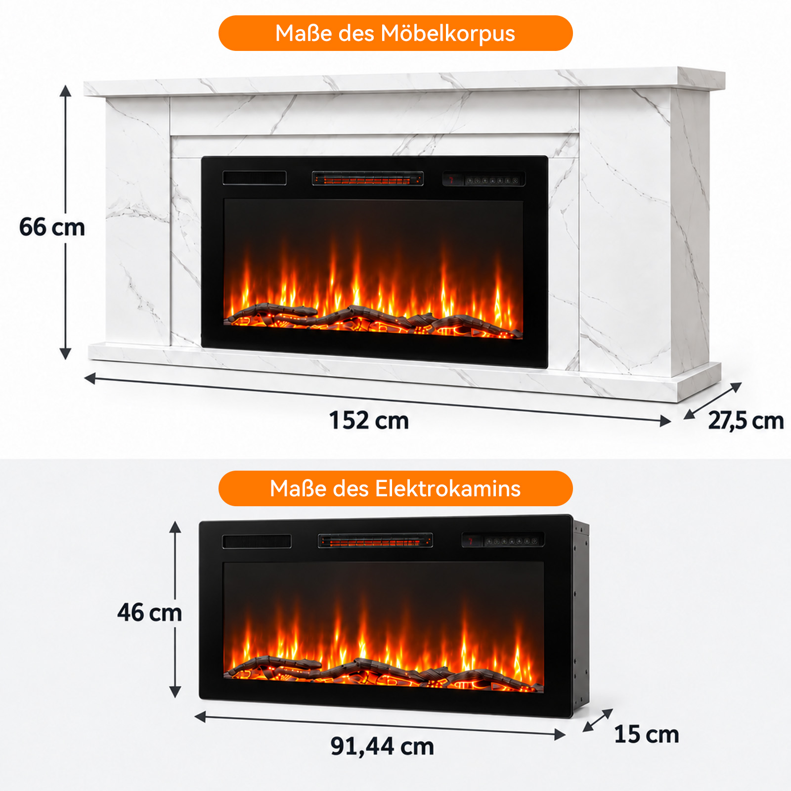 Diagramm mit Maßen eines weißen Marmor-Elektrokamins (152x66x27,5 cm) und dem Einsatz (91,44x46x15 cm).