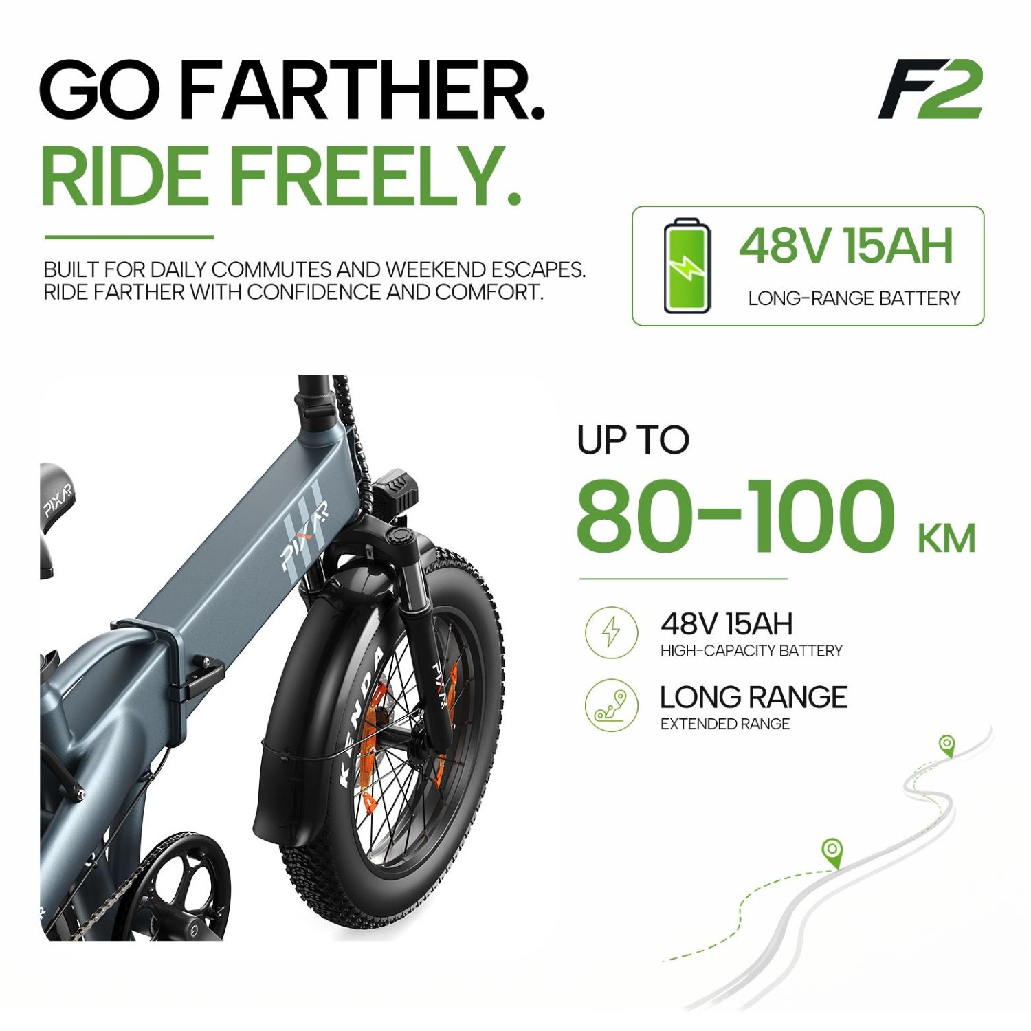 Pubblicità di una e-bike F2 con batteria 48V 15AH e autonomia di 80-100 km.