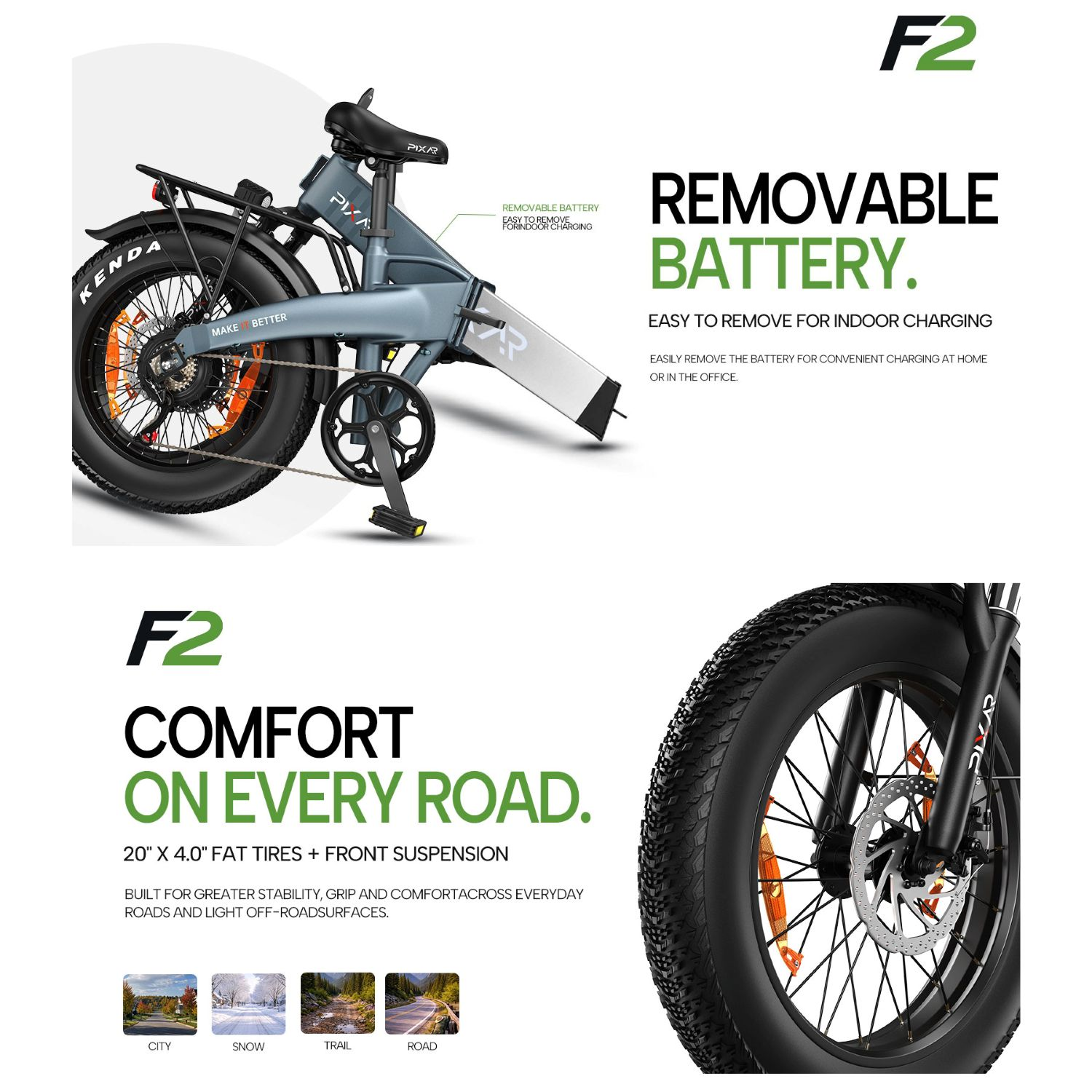 E-bike F2 con batteria rimovibile, pneumatici larghi e sospensione anteriore.