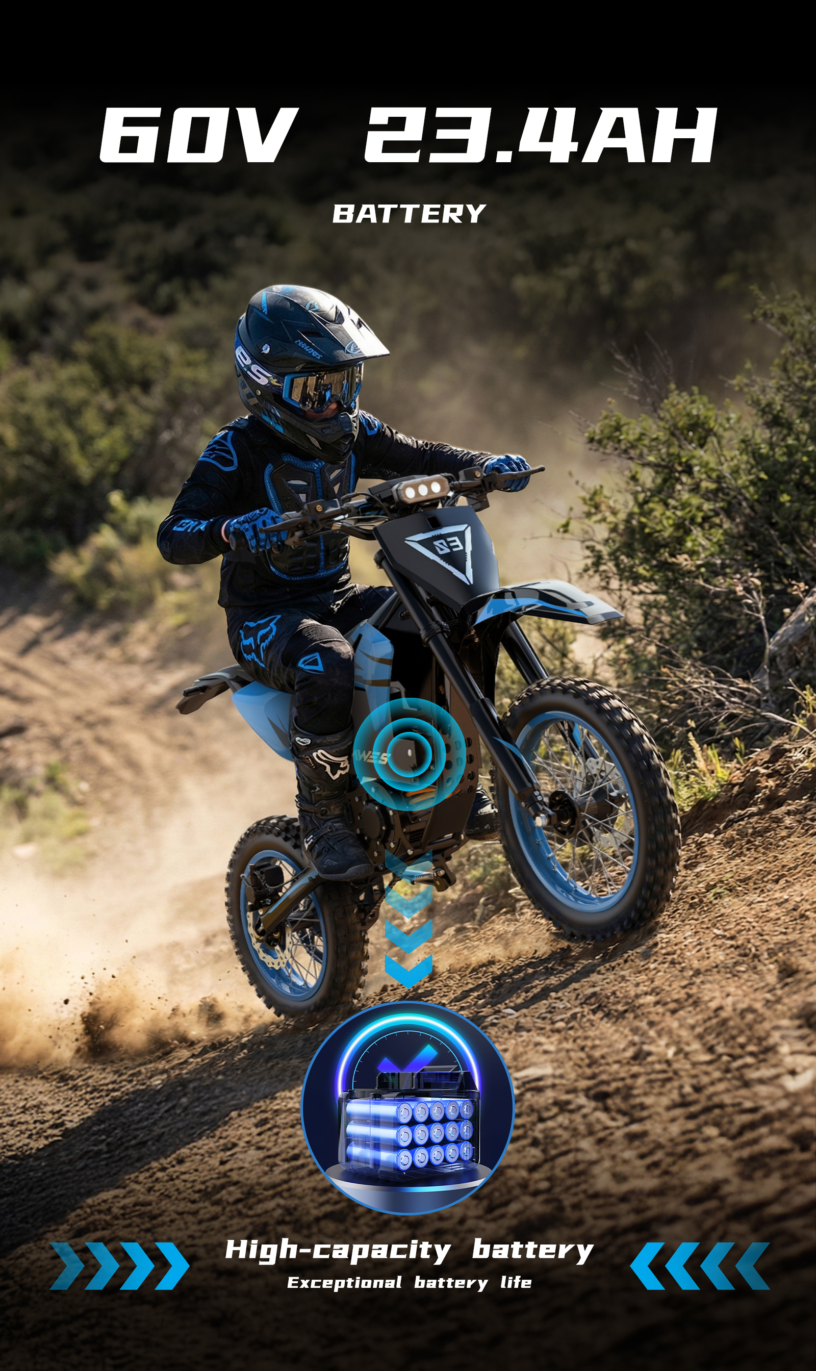 Un motociclista de motocross en una moto de cross navega por terreno accidentado, resaltado con una batería.