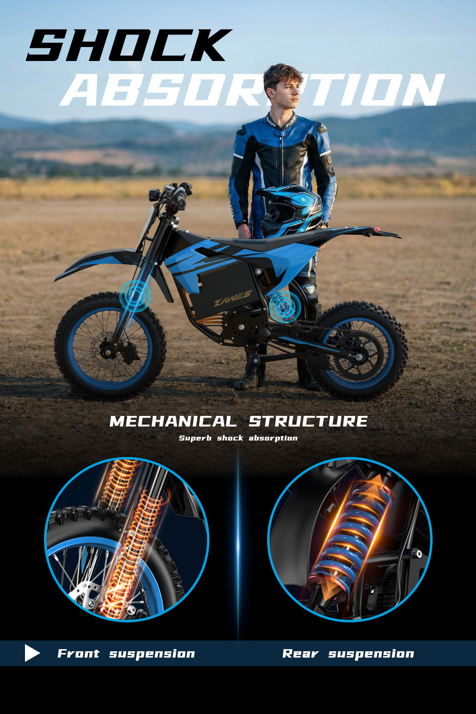 Piloto junto a moto eléctrica azul destacando las suspensiones delantera y trasera.