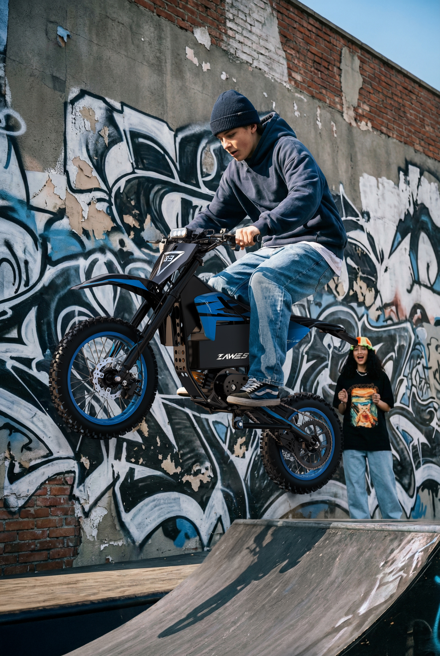 Un adolescente salta en una minimoto eléctrica azul y negra desde una rampa frente a un grafiti.