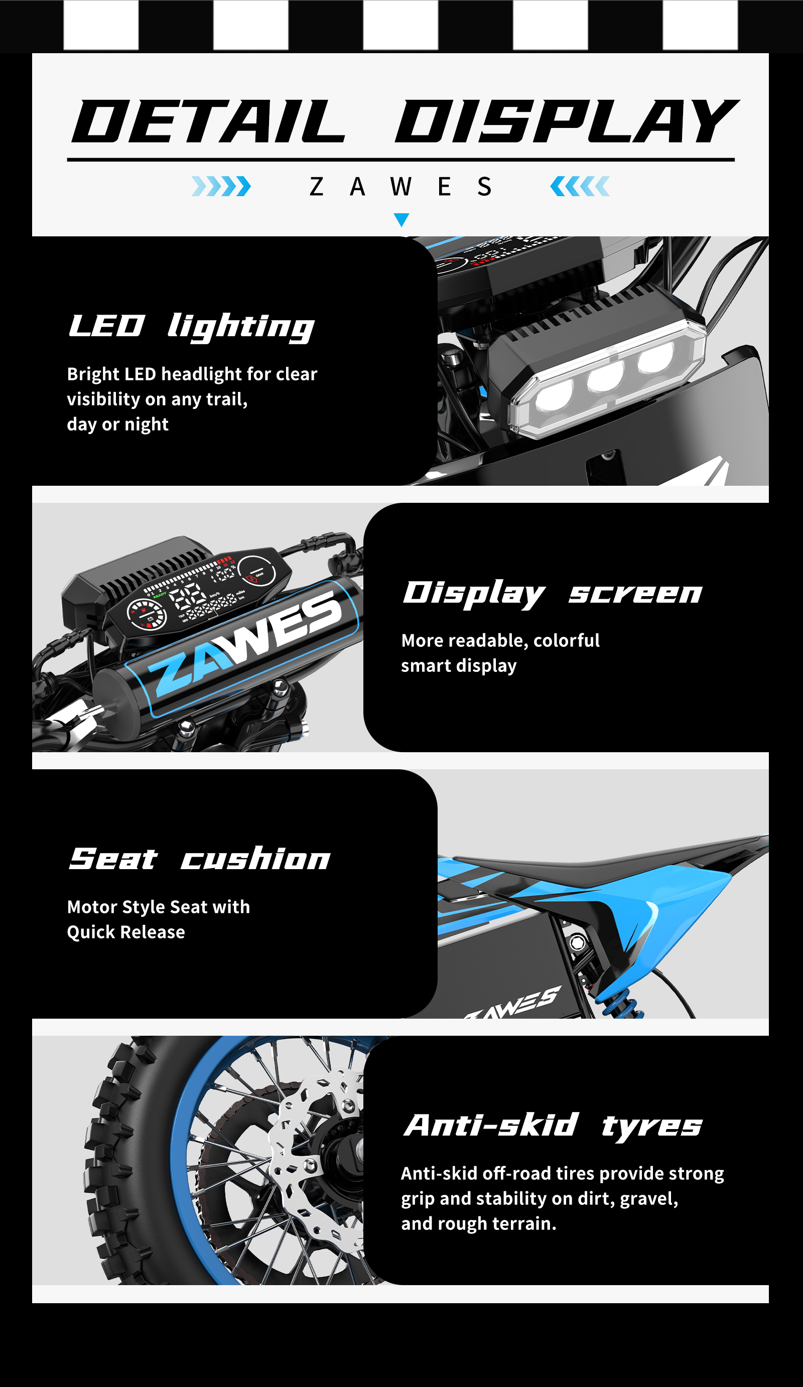 Pantalla de detalle de una moto eléctrica ZAWES con luz LED, pantalla, asiento y neumáticos.