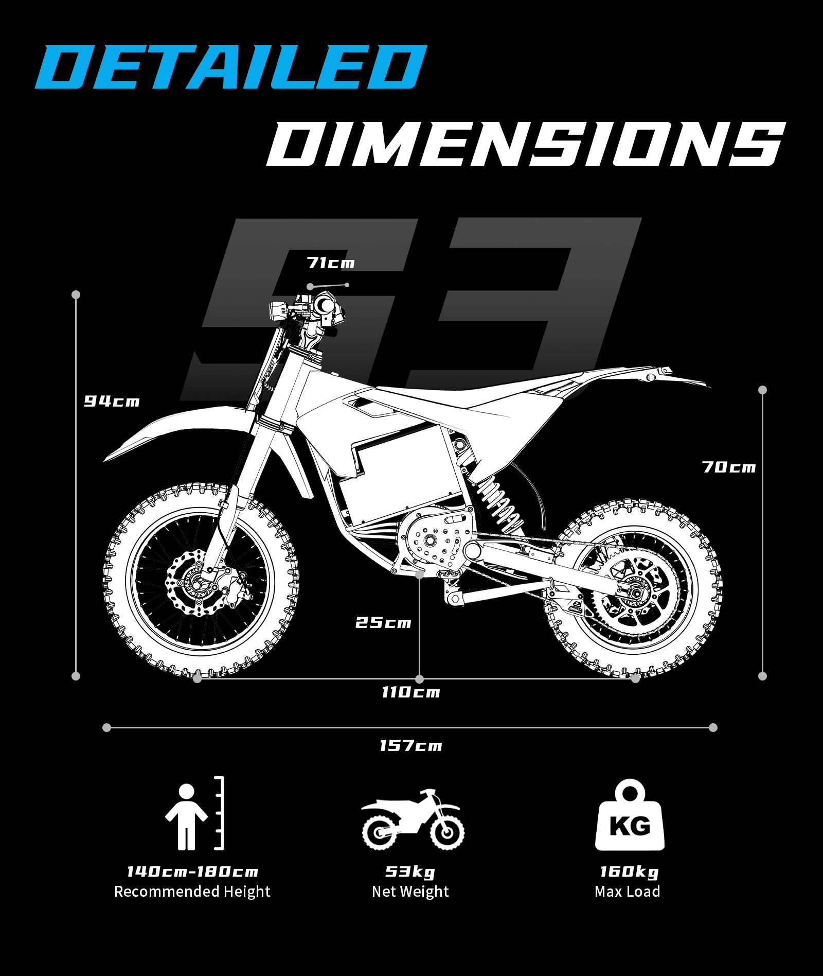 Diagrama de dimensiones detalladas de una moto de cross eléctrica sobre fondo negro con especificaciones.