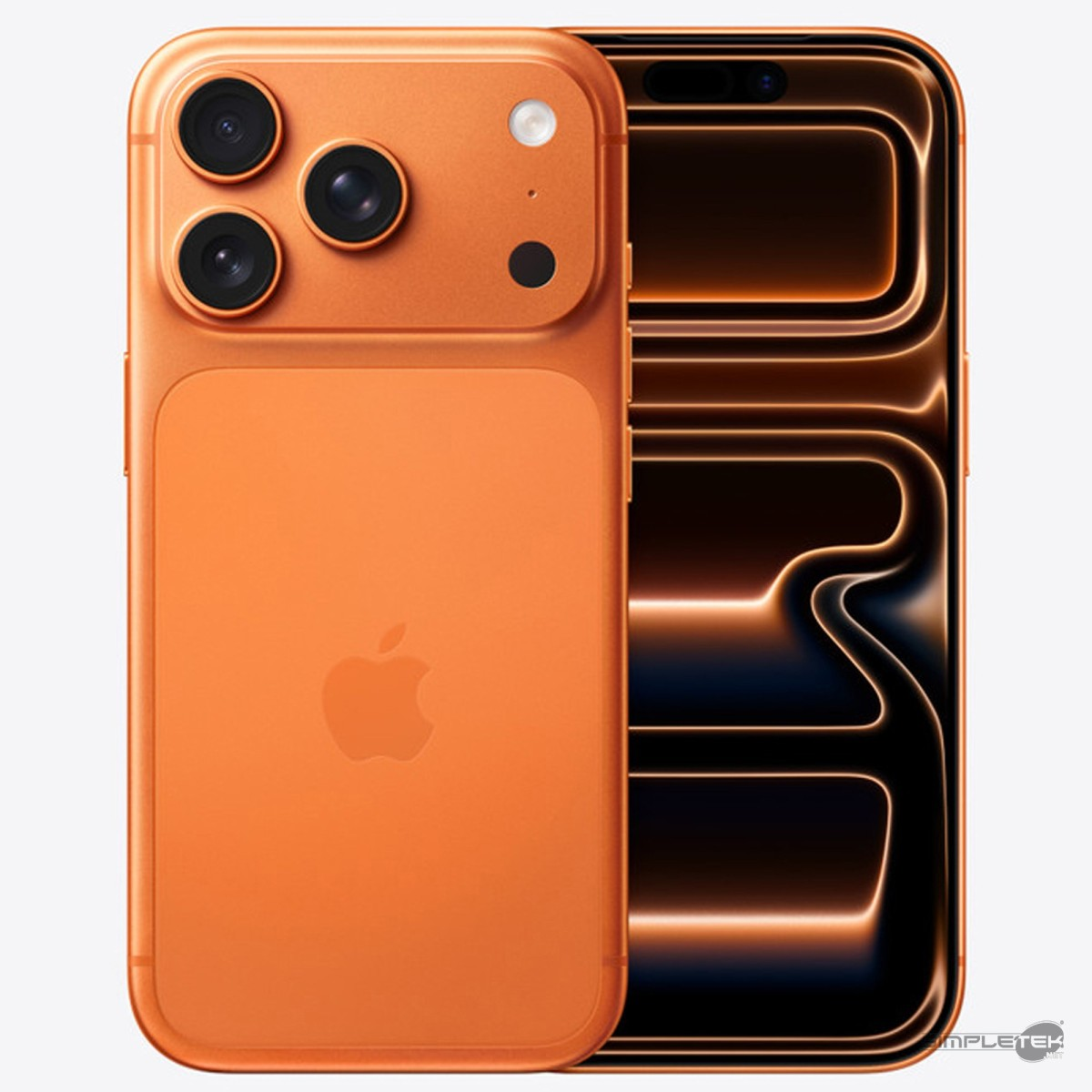 Twee metallic oranje smartphones tonen voor- en achterkant, met driedubbele camera en Apple-logo.