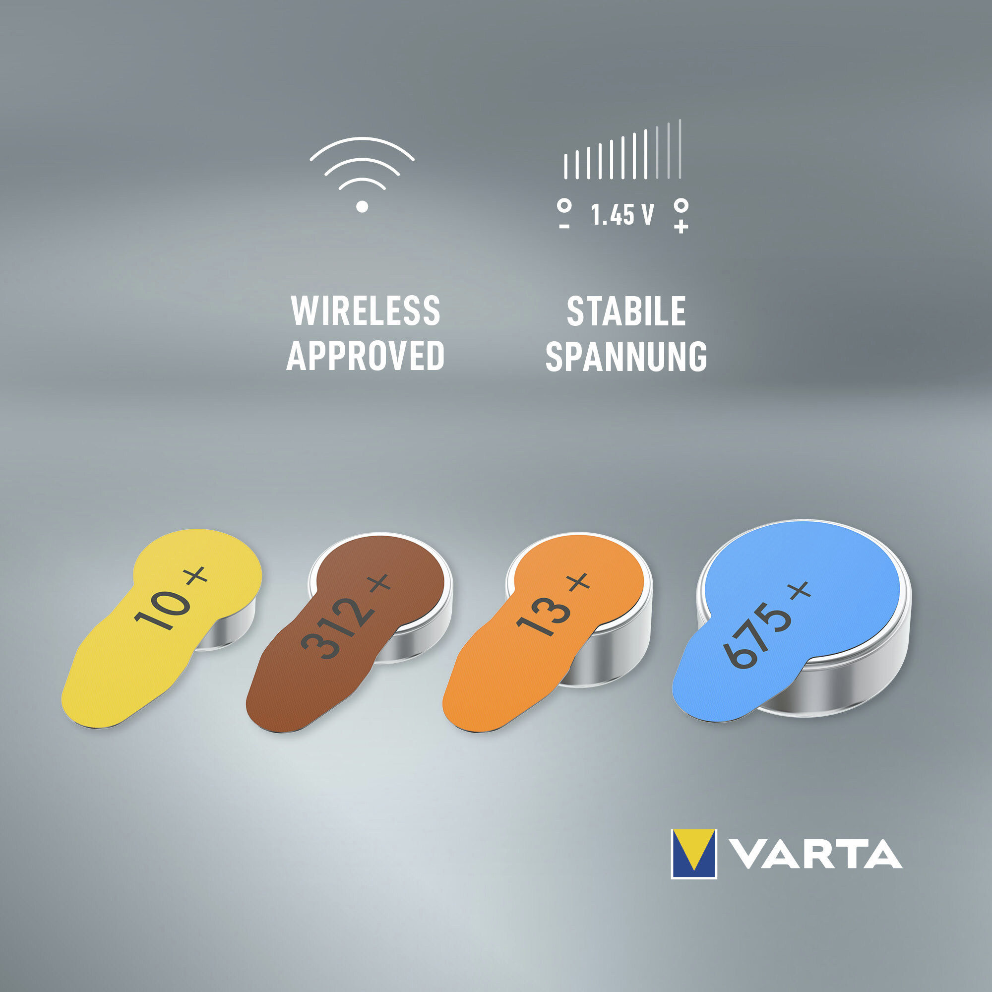 Vier Knopfzellenbatterien mit bunten Laschen auf grauem Hintergrund, mit Wireless-Symbol.