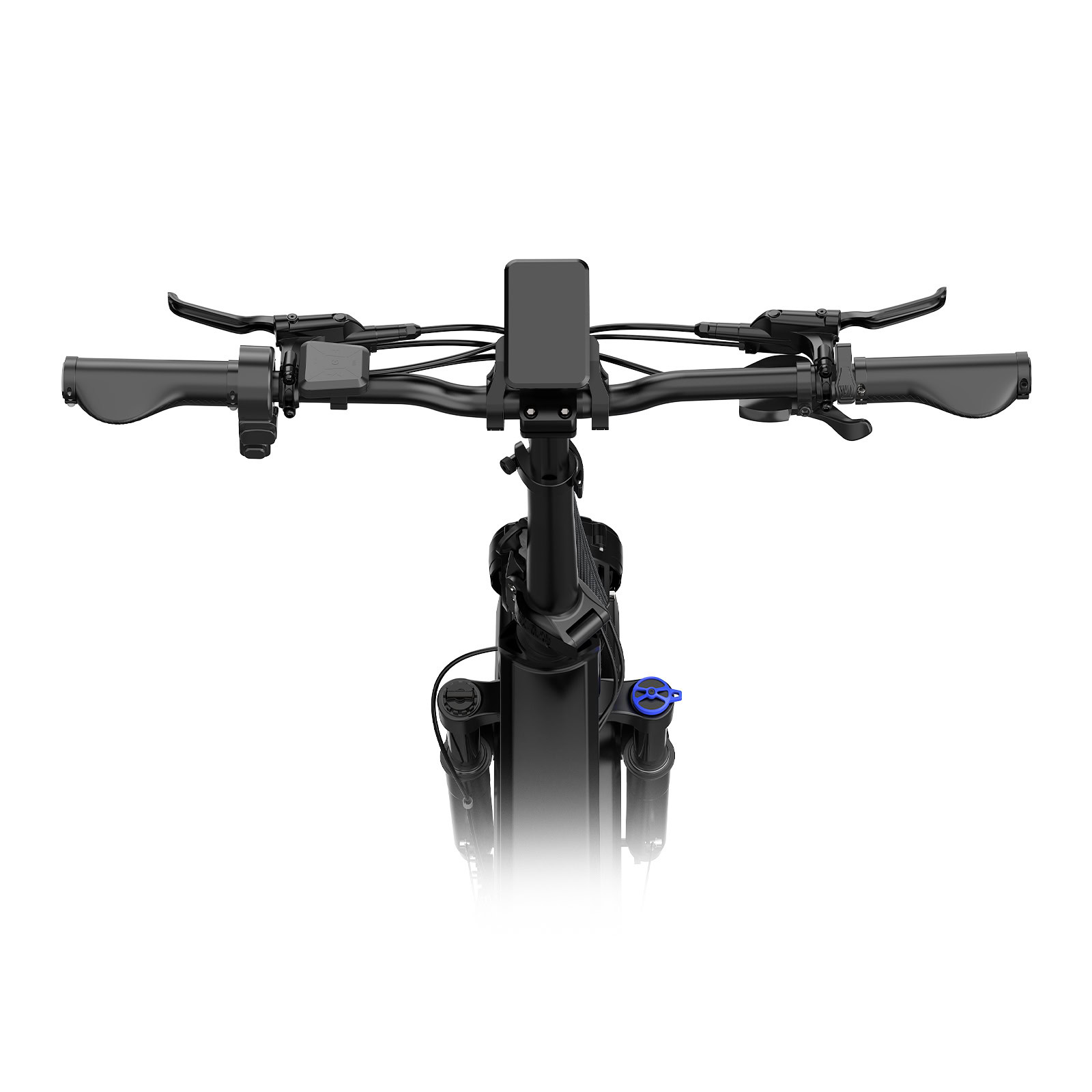 Manillar de e-bike negro con pantalla central, manetas de freno, puños y suspensión delantera sobre fondo blanco.