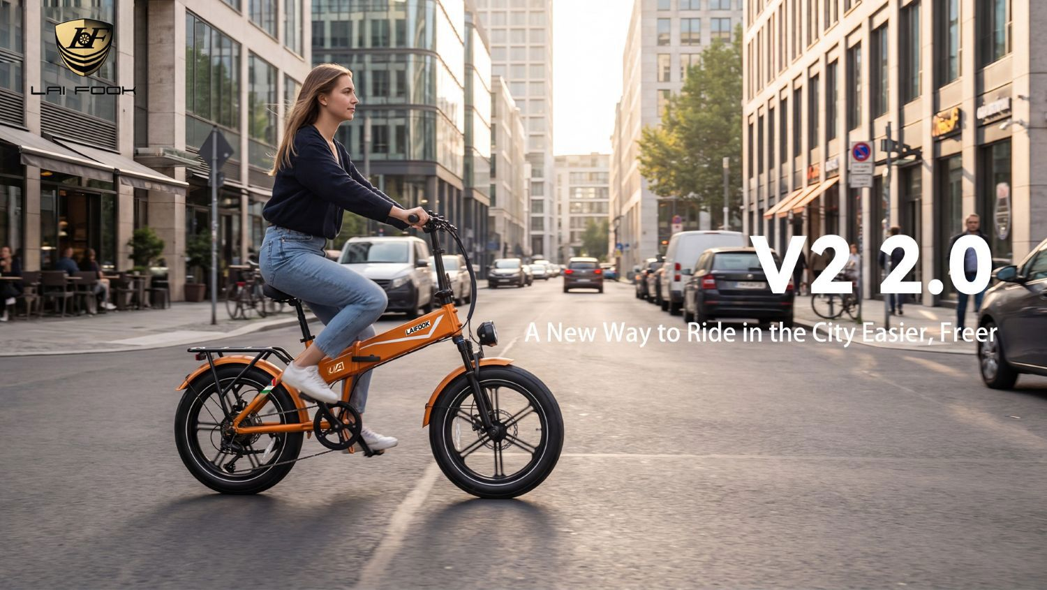 Mujer monta una bicicleta plegable naranja en una concurrida calle de la ciudad.