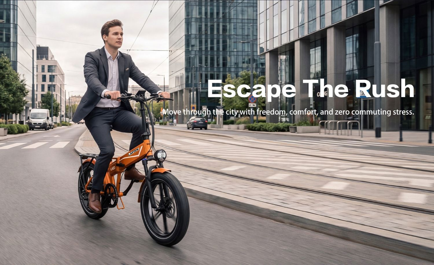 Un hombre con traje monta en una bicicleta eléctrica naranja por una calle urbana con edificios modernos.