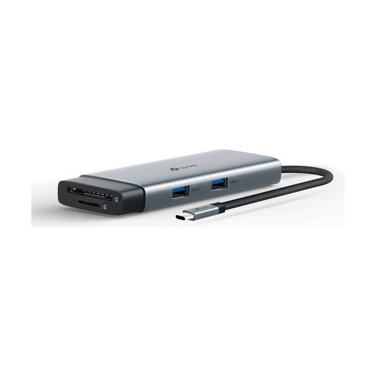Beyaz arka planda entegre USB 3.0 bağlantı noktalarına ve kart okuyuculara sahip gri USB-C hub.