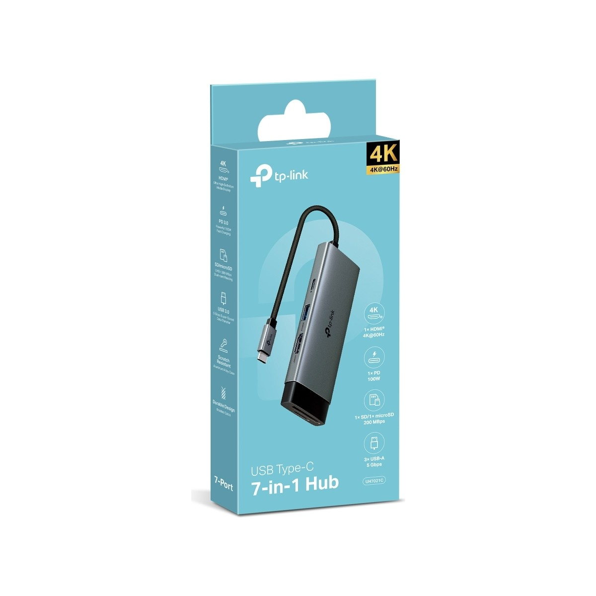 Gri çoklu adaptörü gösteren TP-Link USB-C 7'si 1 arada hub'ın turkuaz ambalajı.