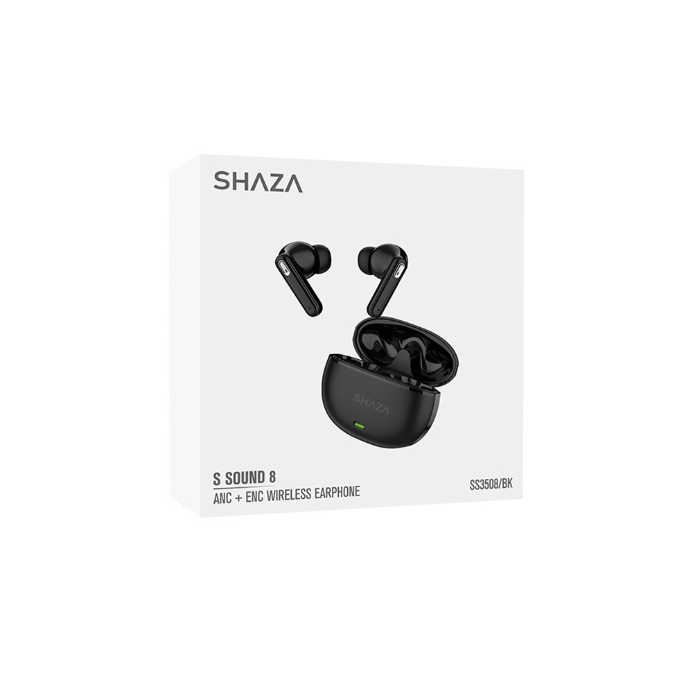Siyah renkli SHAZA S Sound 8 kablosuz kulaklık ve şarj kutusunu gösteren beyaz kutu.