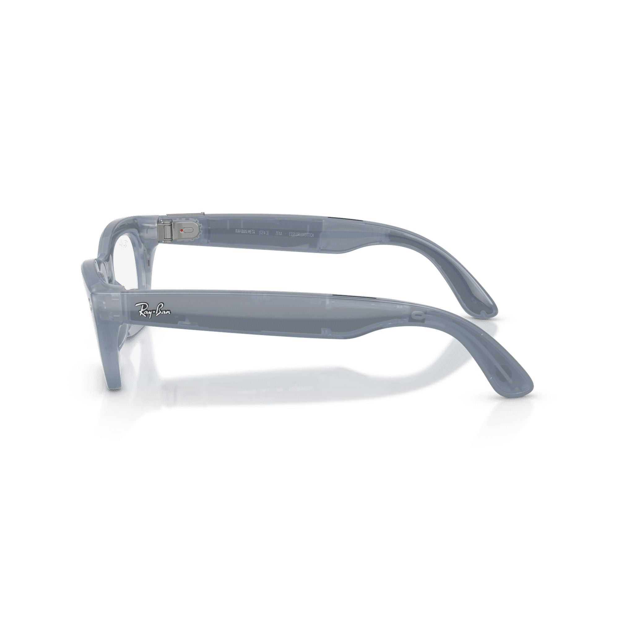 Beyaz arka planda yan taraftan görünen yarı saydam gri Ray-Ban gözlük.