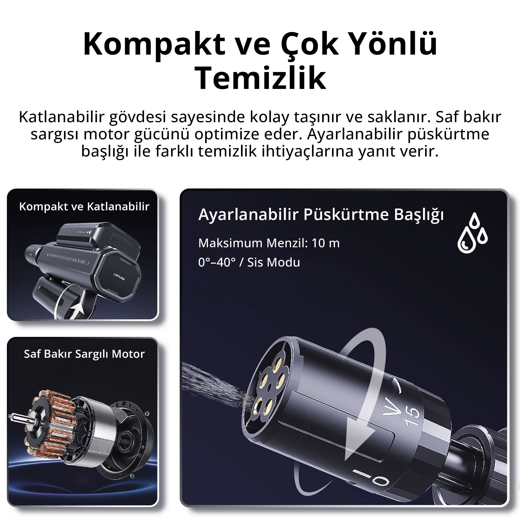 Bakır sargılı motorlu ve ayarlanabilir başlıklı kompakt, katlanabilir kablosuz basınçlı yıkama makinesi afişi.