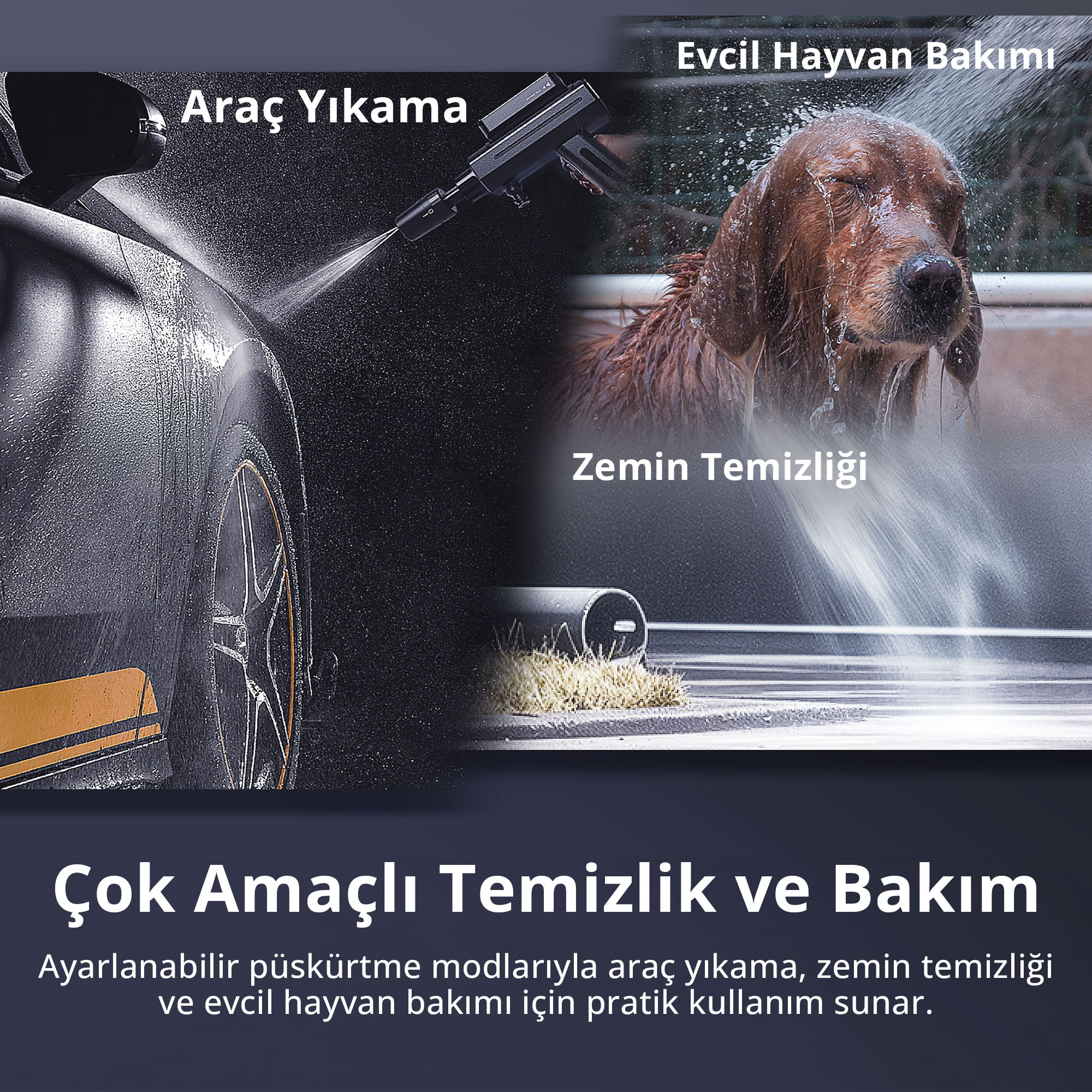 Araba, evcil hayvan ve zeminler için çok amaçlı temizlik aracı.