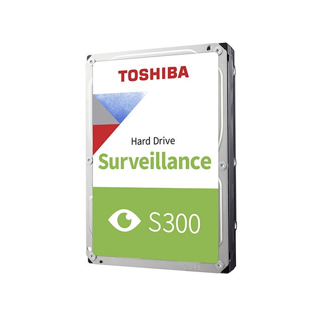 Toshiba S300 Surveillance hard drive with white and green label on white background.