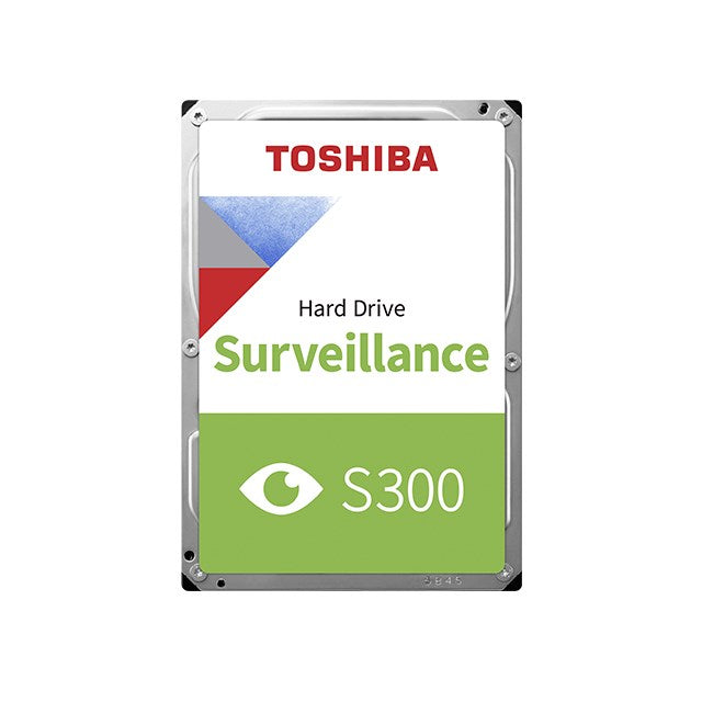 Toshiba S300 surveillance hard drive with a white and green label.