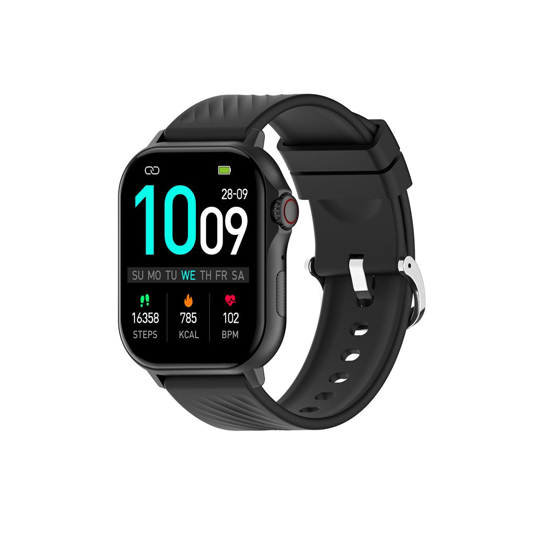 A black smartwatch with a digital display showing time, steps, calories, and heart rate, on a white background.
