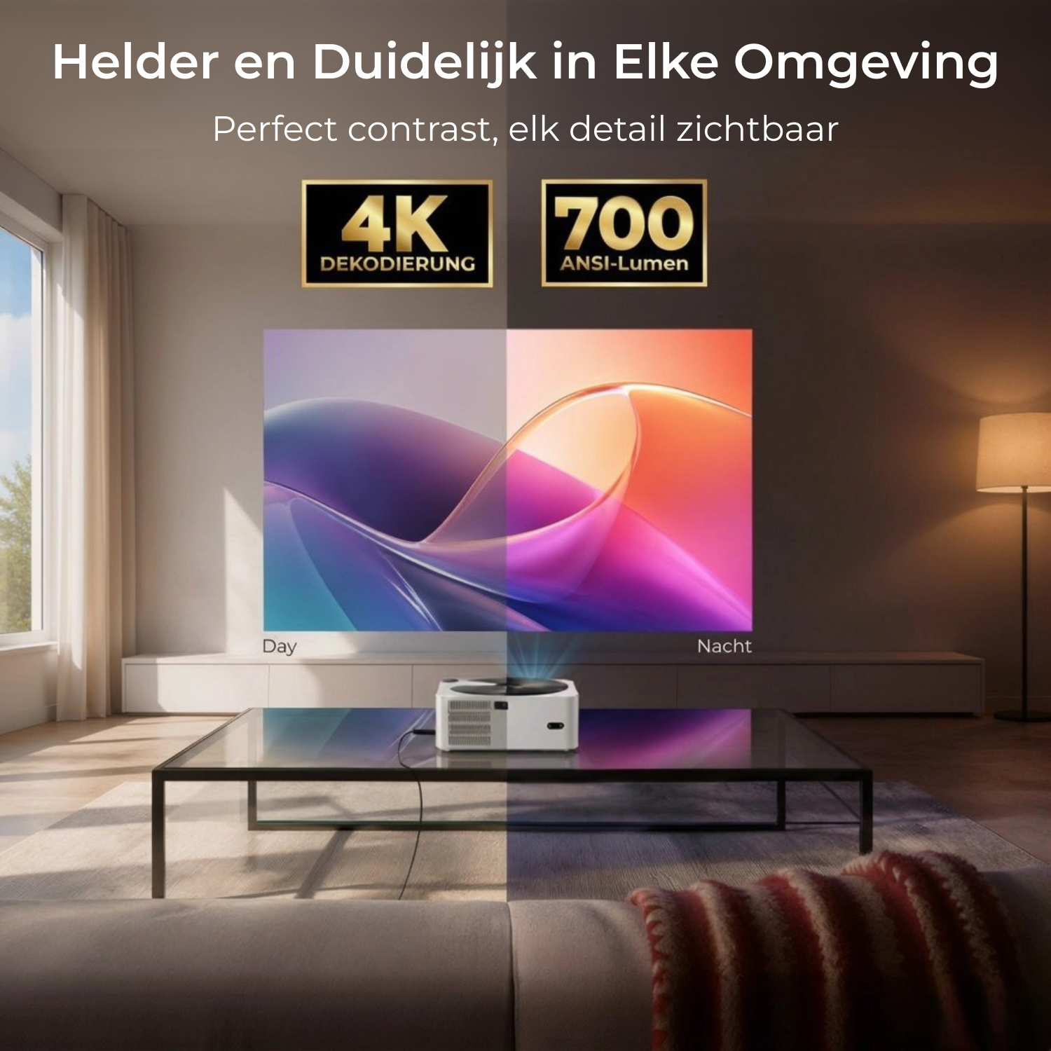 Projector on a glass table in a living room showing day and night image comparison.