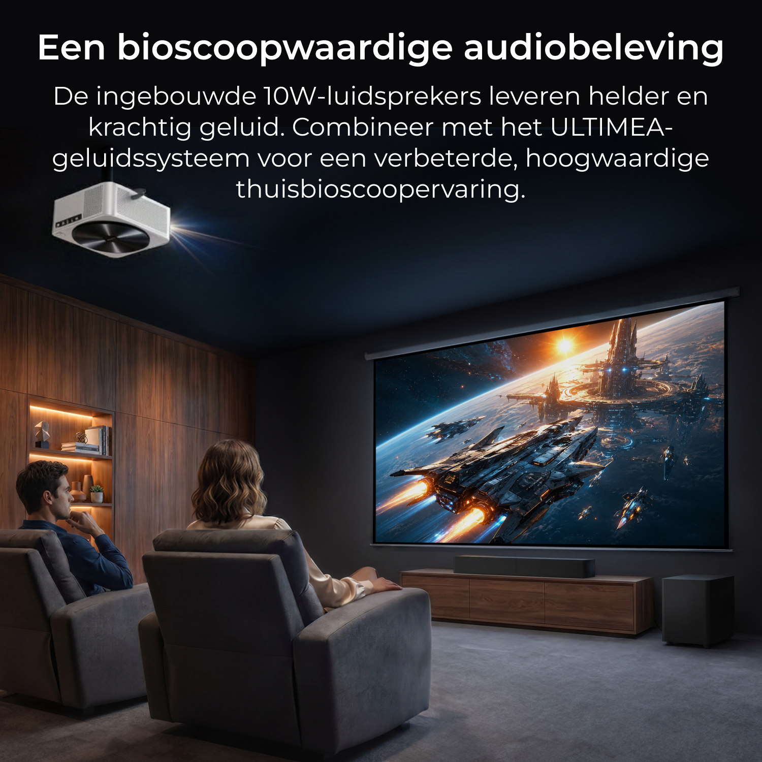 A couple sits in a dark home theater watching a science fiction movie on a screen.