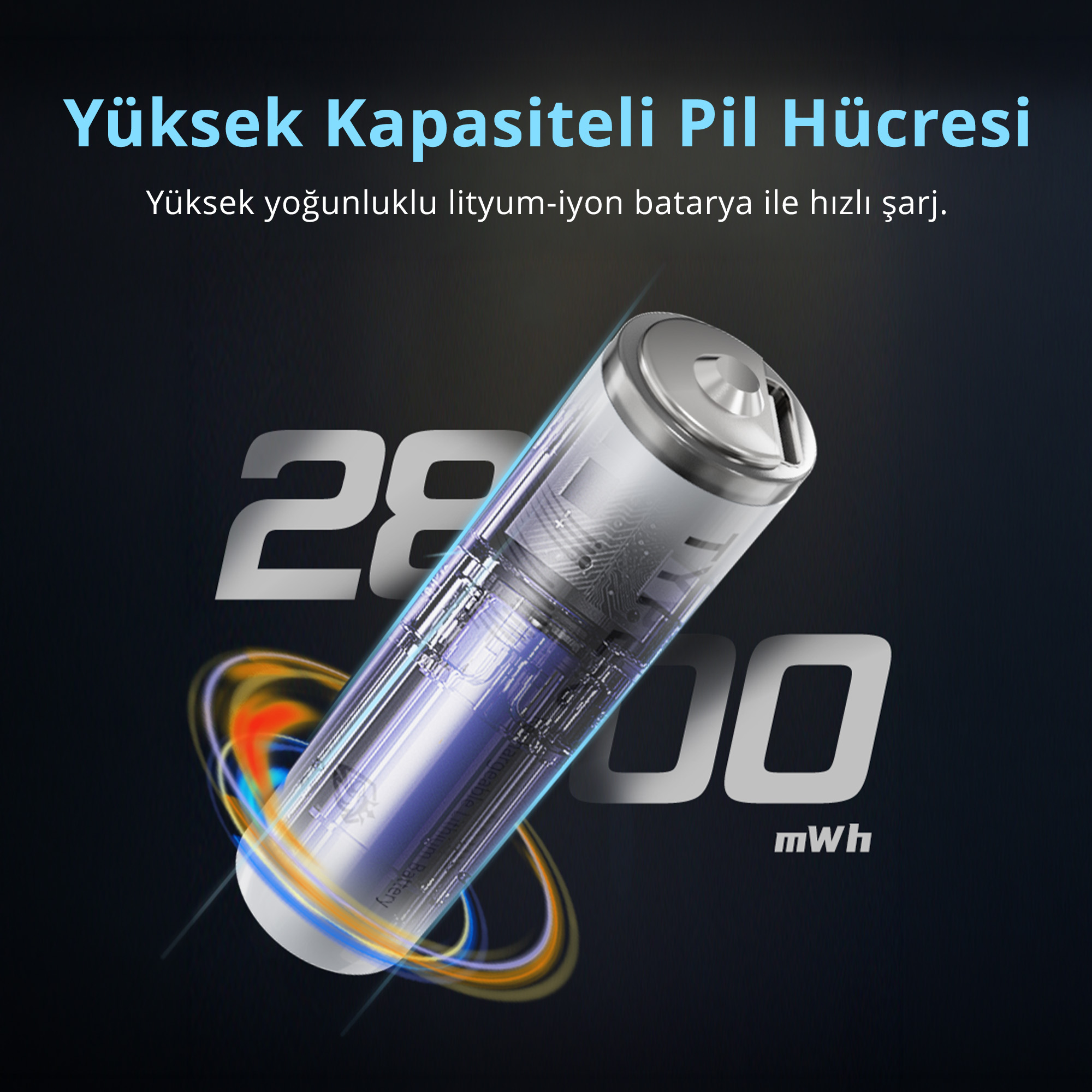 Şeffaf kasalı mor lityum-iyon pil, büyük rakamların bulunduğu koyu renkli bir arka plan önünde.