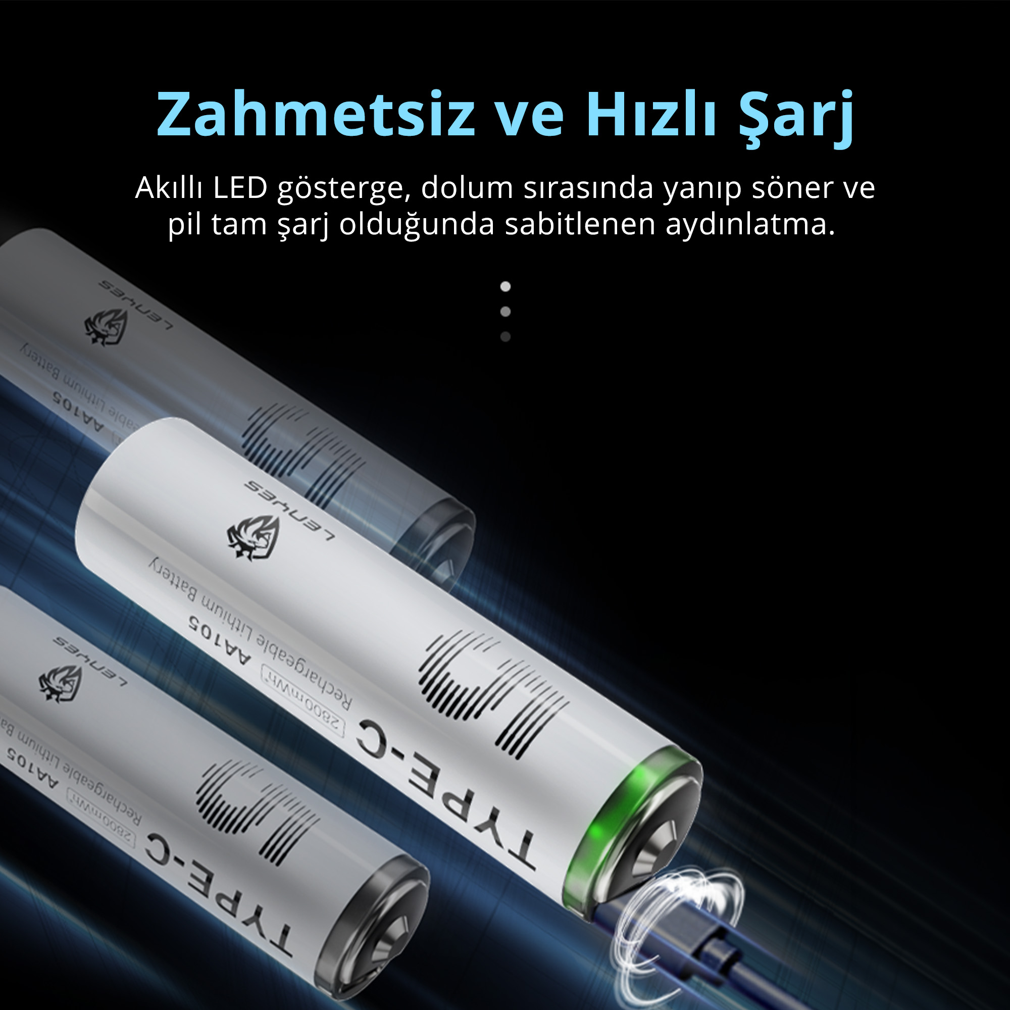 Koyu arkaplan üzerinde Type-C portlu ve LED göstergeli beyaz renkli şarj edilebilir AA lityum piller.