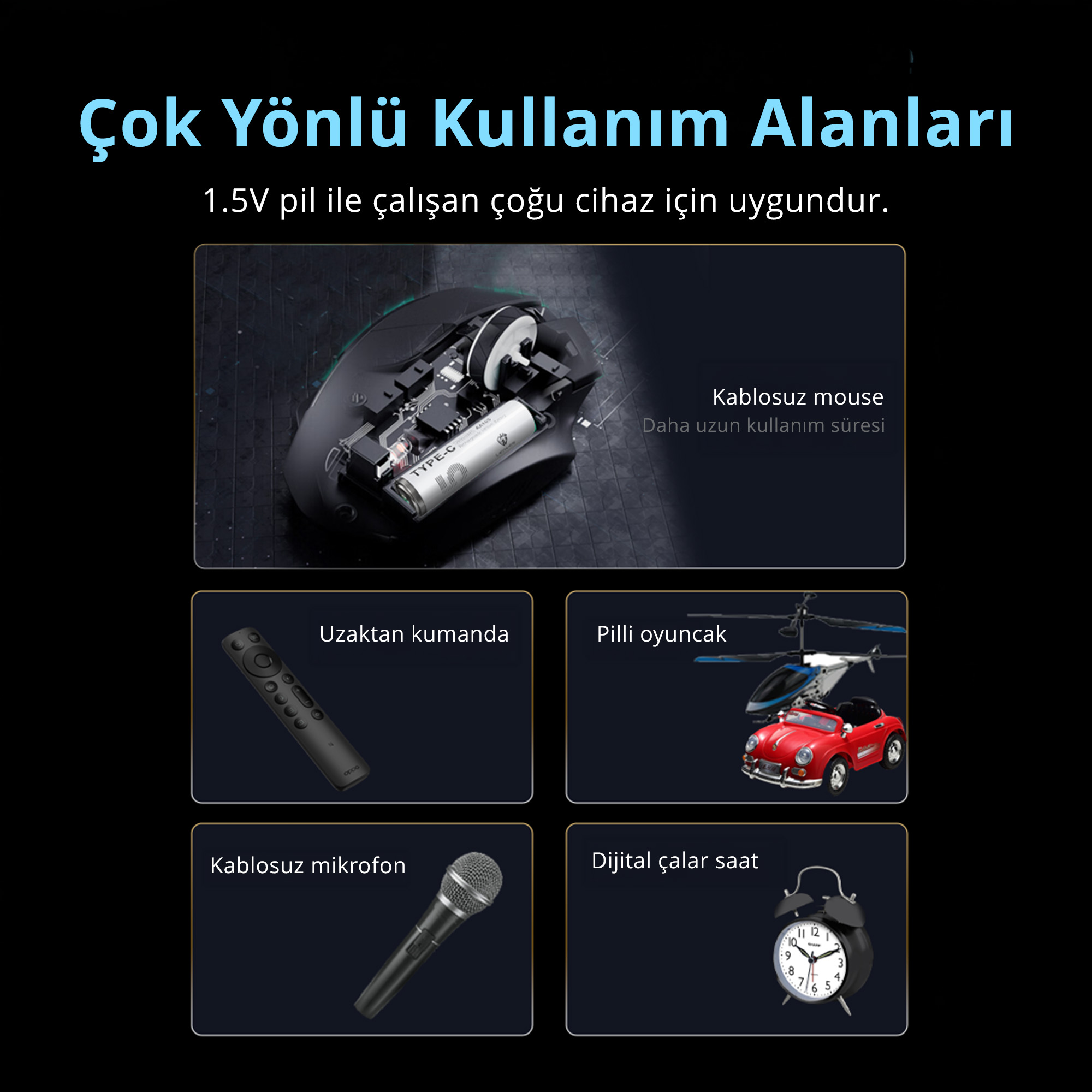 Kablosuz fare, uzaktan kumanda, oyuncak helikopter ve araba, mikrofon ve çalar saat gösteren bir görsel.