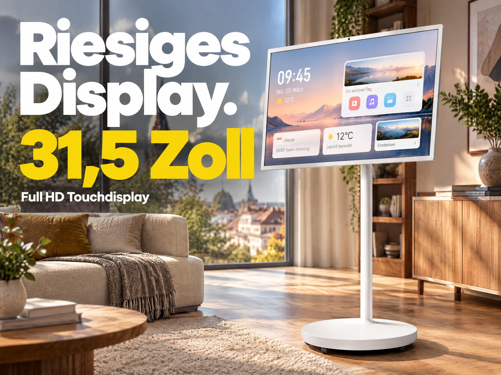 Ein großes 31,5-Zoll-Touchdisplay auf einem weißen Ständer in einem modernen Wohnzimmer mit großen Fenstern.